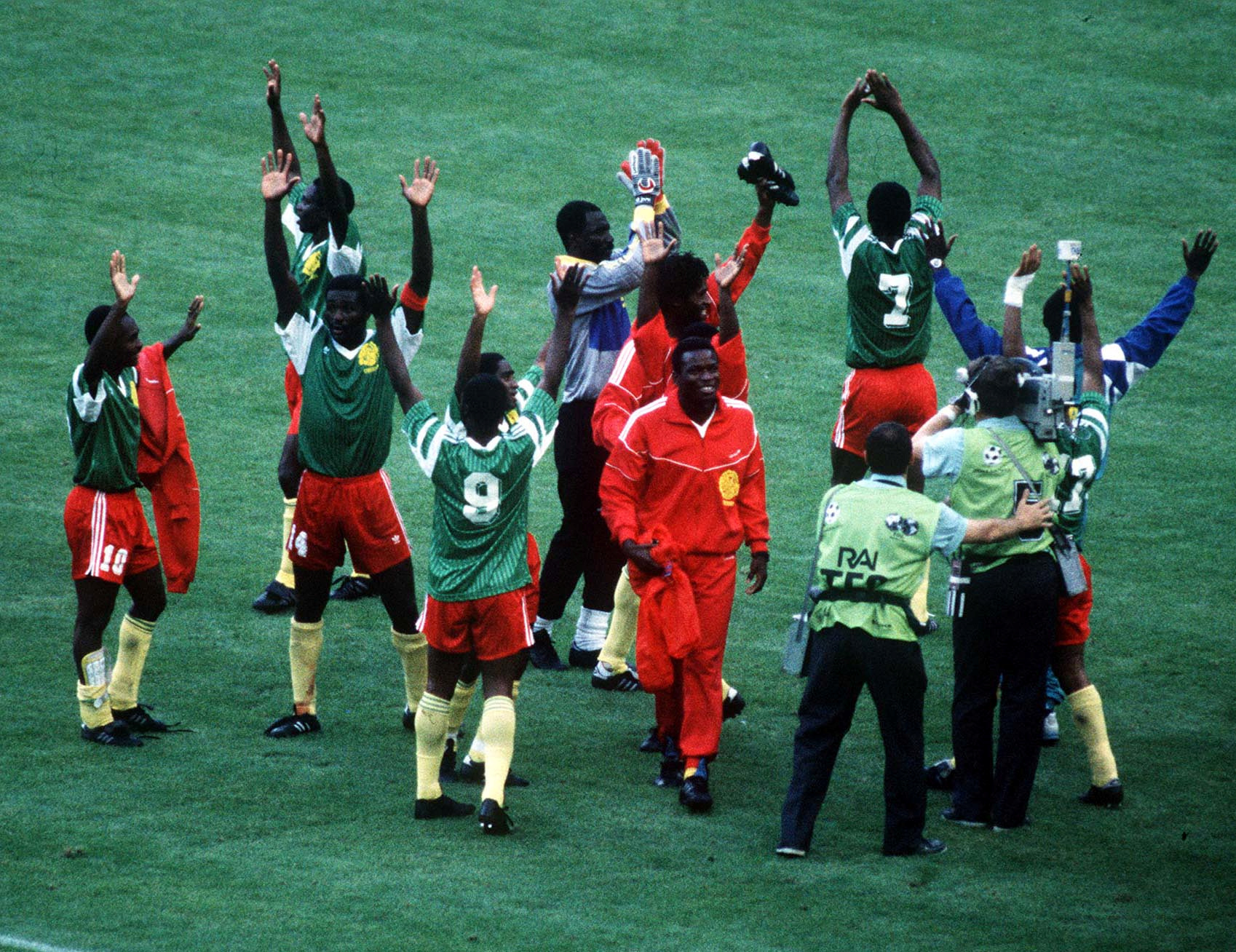 Cameroon celebrate after their win over Argentina at the 1990 World Cup