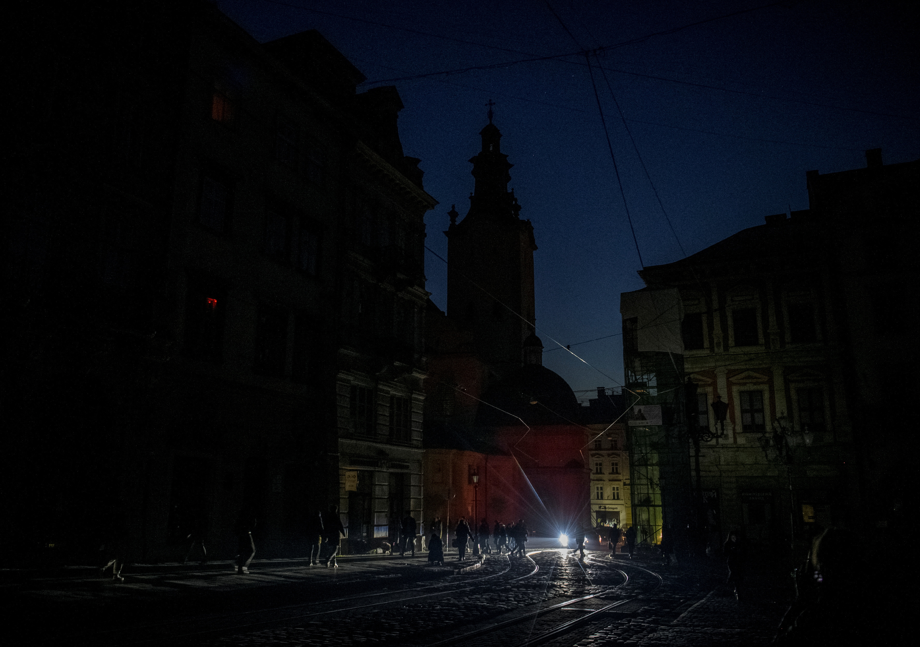 A view shows Lviv city centre without electricity after critical civil infrastructure was hit by Russian missile attacks in Ukraine on November 15, 2022