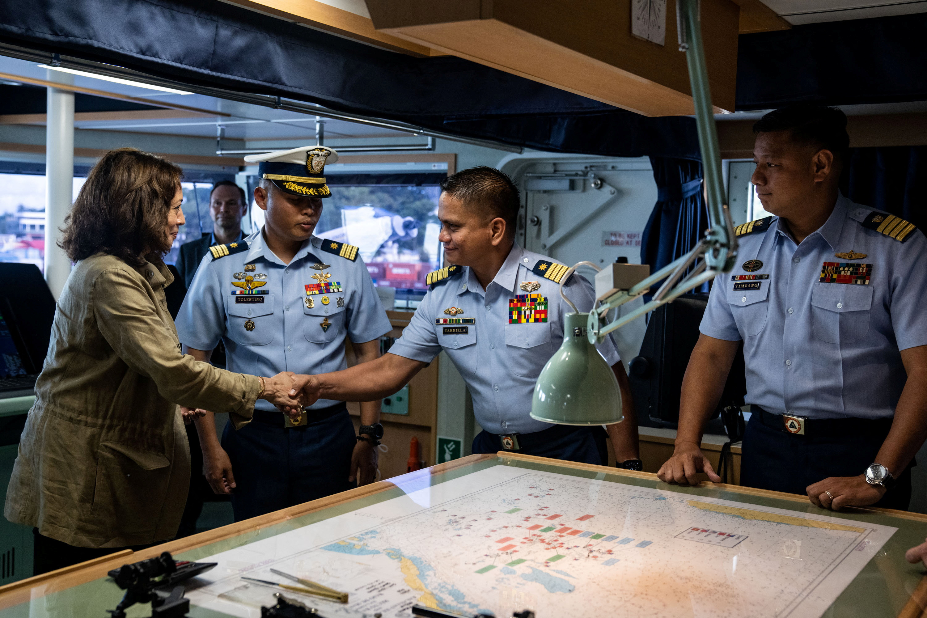 US Vice President Kamala Harris arrives on the Philippines coastguard ship Teresa Magbanua at Puerto Princesa Port, Philippines, on Tuesday, November 22, 2022