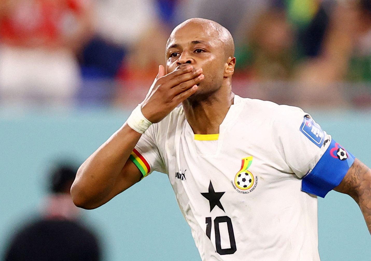 Soccer Football - FIFA World Cup Qatar 2022 - Group H - Portugal v Ghana - Stadium 974, Doha, Qatar - November 24, 2022 Ghana's Andre Ayew celebrates scoring their first goal REUTERS/Hannah Mckay