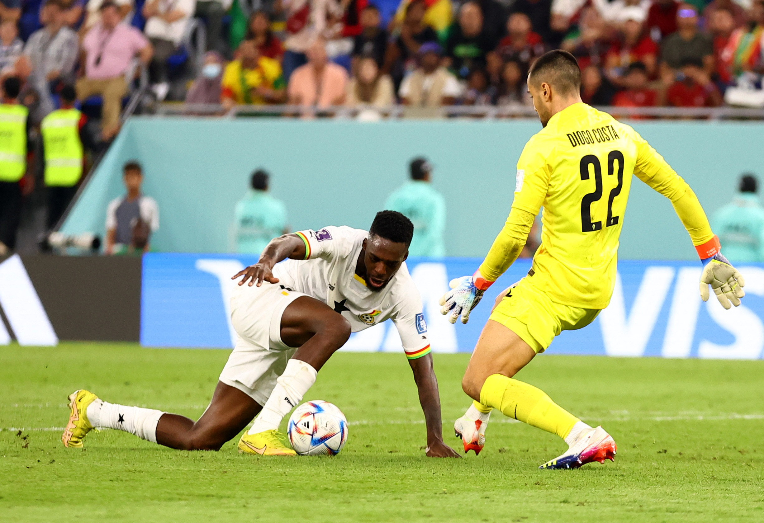 Portugal’s Diogo Costa is caught unawares by Ghana’s Inaki Williams