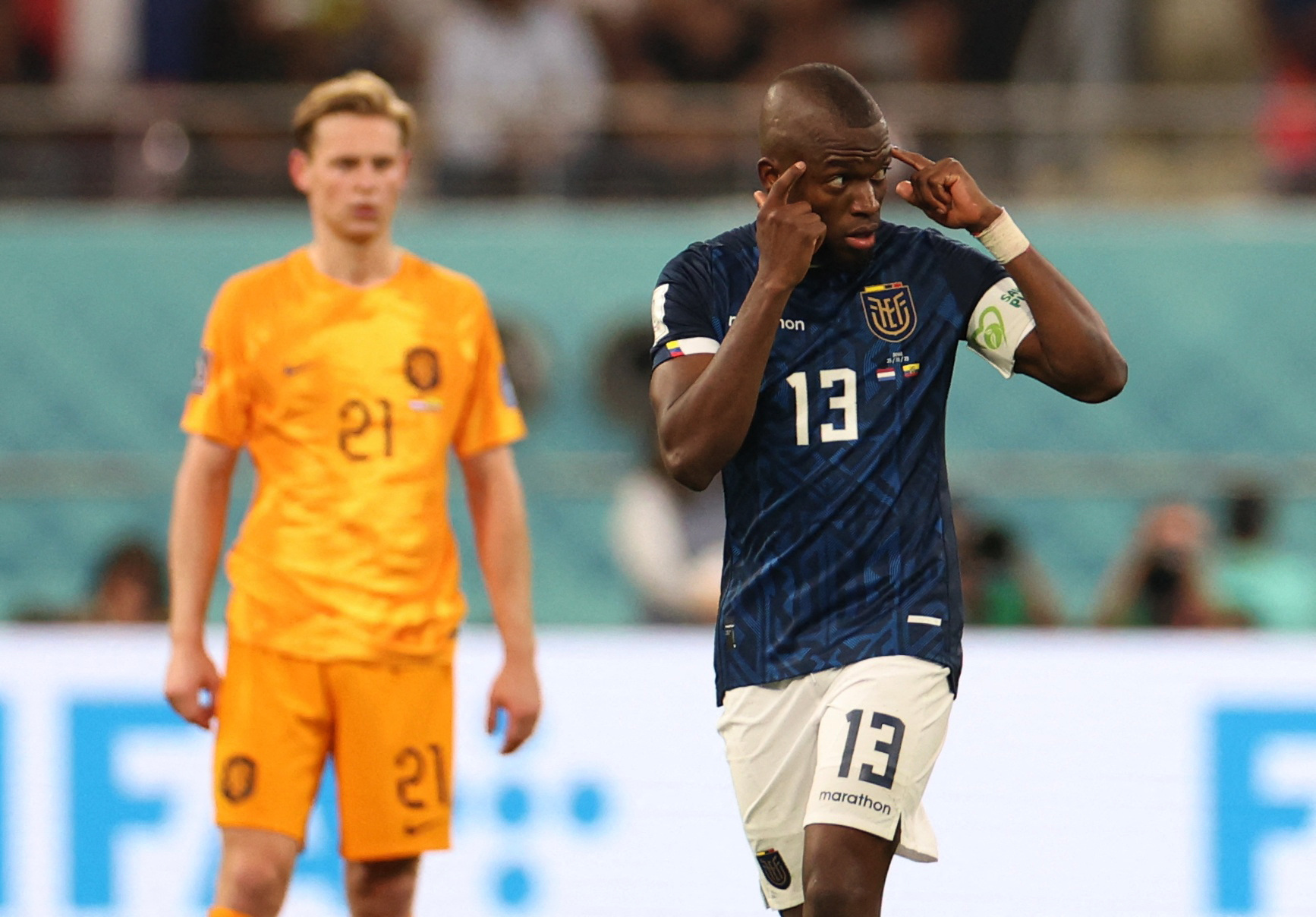 Ecuador’s Enner Valencia celebrates after the first goal in a Group A match against the Netherlands at Khalifa International Stadium, Doha, Qatar, on November 25, 2022