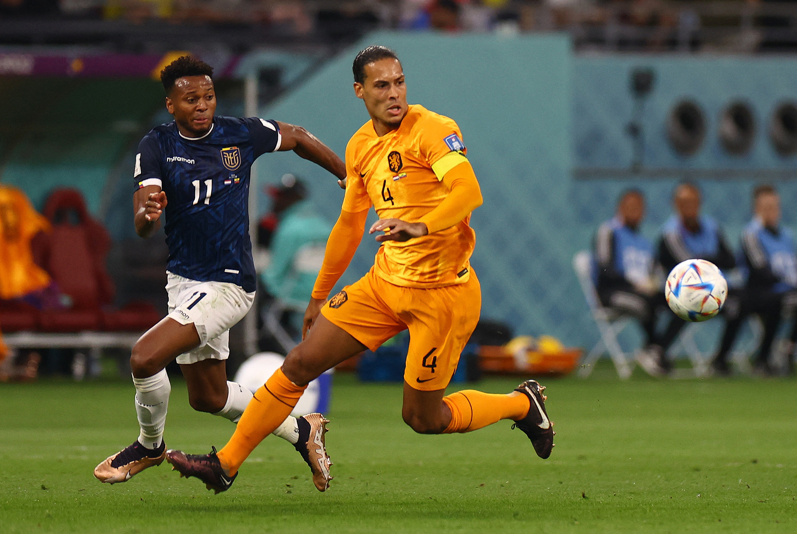 Netherlands’ Virgil van Dijk in action with Ecuador’s Michael Estrada at the FIFA World Cup Group A game at Khalifa International Stadium, Doha, Qatar, on November 25, 2022