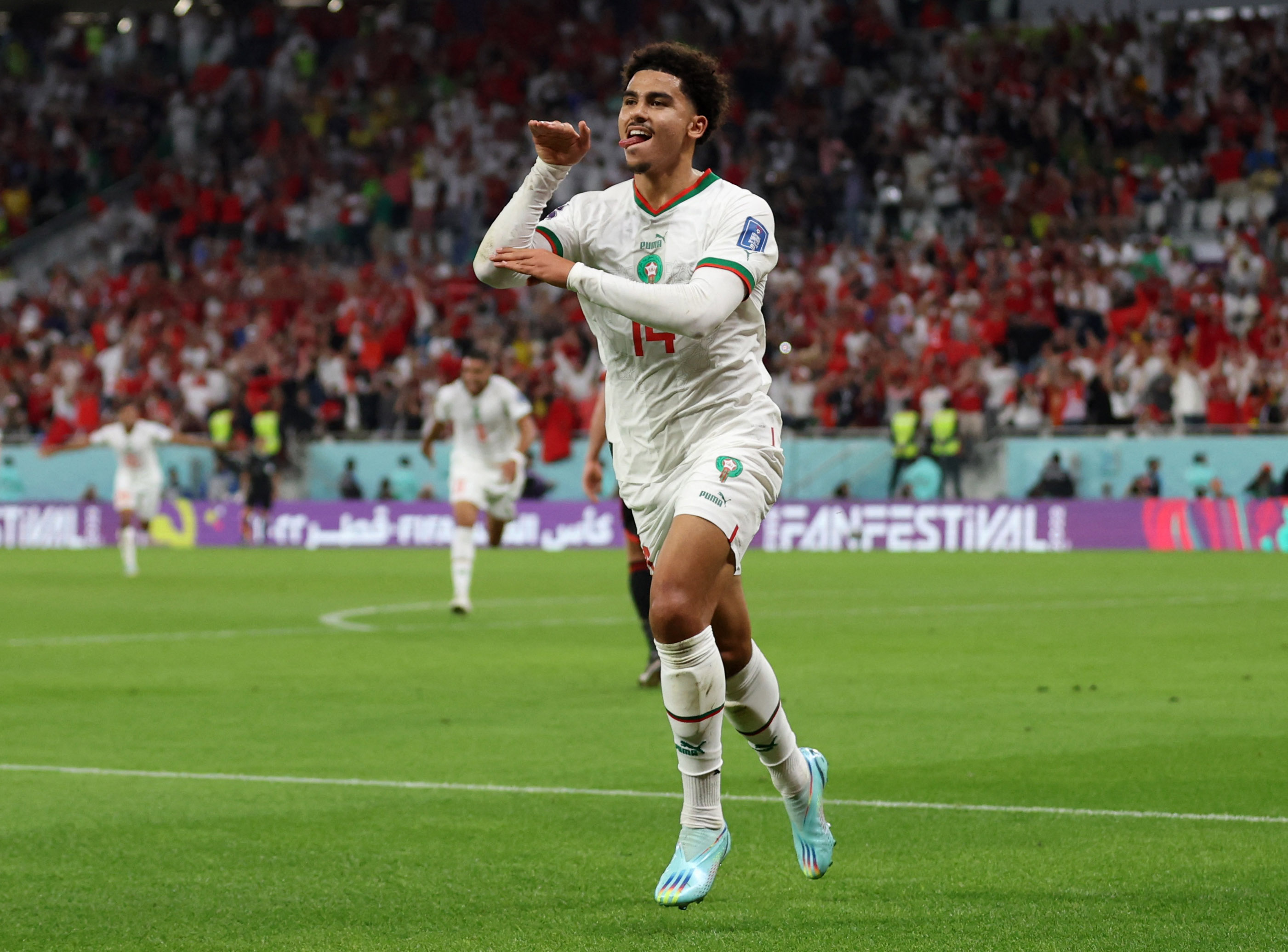 Soccer Football - FIFA World Cup Qatar 2022 - Group F - Belgium v Morocco - Al Thumama Stadium, Doha, Qatar - November 27, 2022 Morocco's Zakaria Aboukhlal celebrates scoring their second goal REUTERS/Matthew Childs