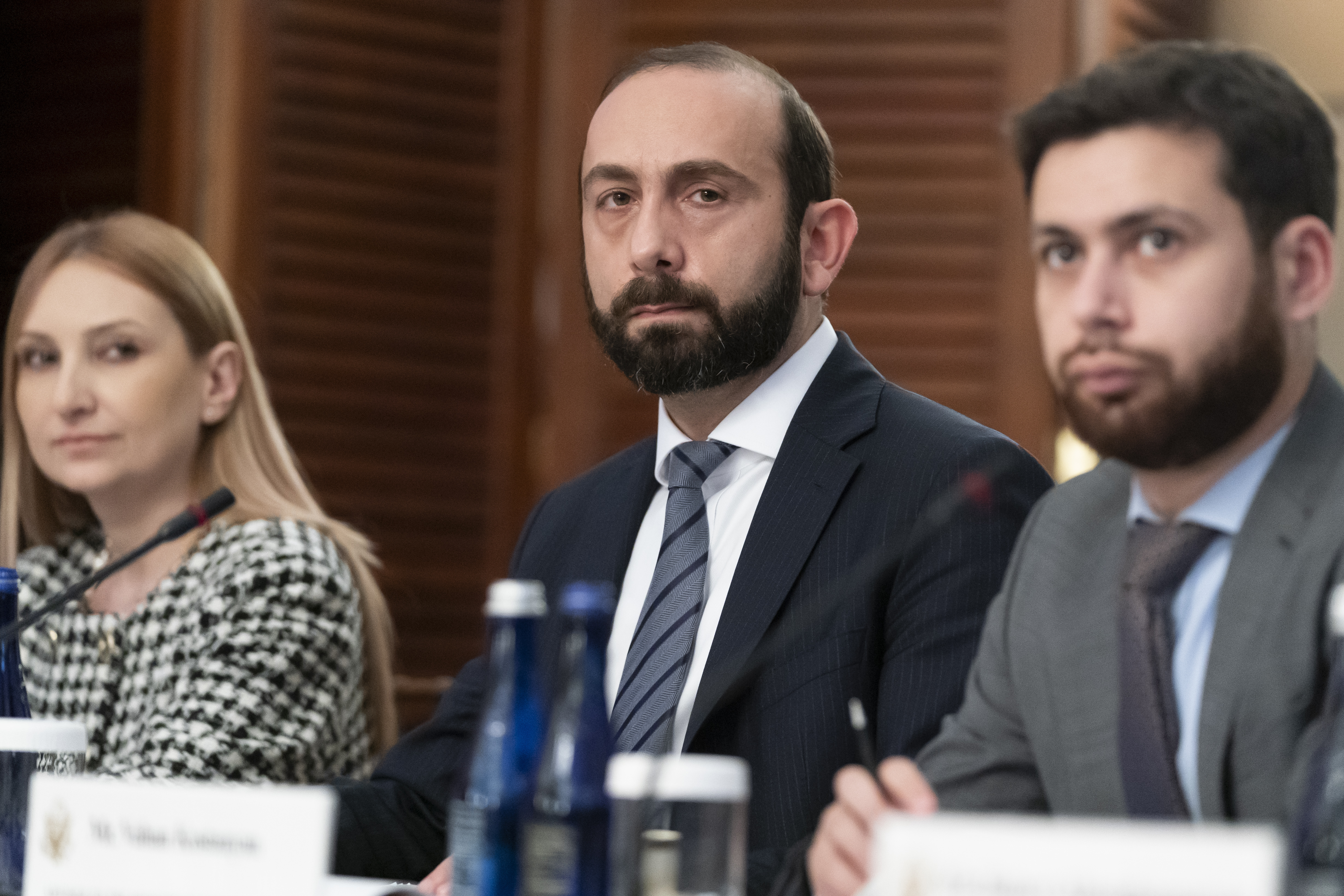 Armenia’s foreign minister Ararat Mirzoyan (centre) listens during a meeting with Secretary of State Antony Blinken and Azerbaijan’s foreign minister Jeyhun Bayramov, at the Blair House