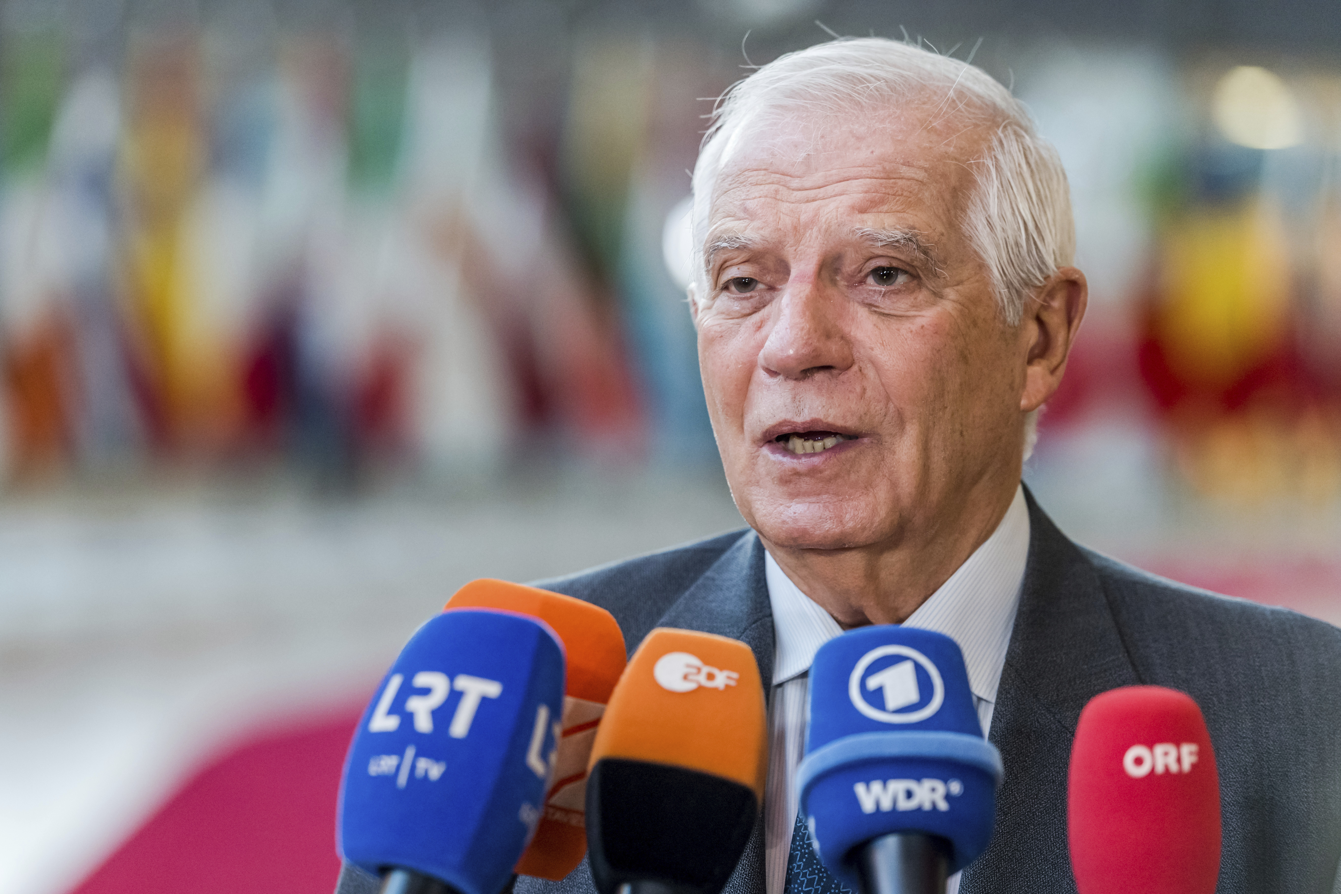 European Union foreign policy chief Josep Borrell speaks with journalists