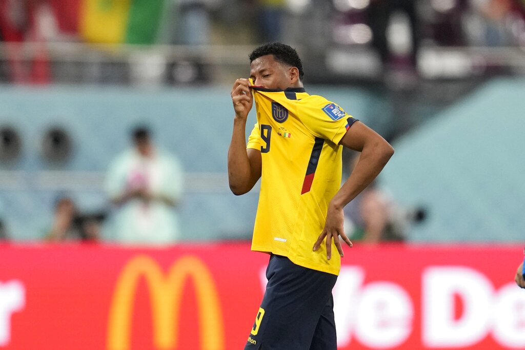 An emotional Gonzalo Plata of Ecaudor after Group A match against Senegal at the Khalifa International Stadium, November 29, 2022. Senegal won 2-1