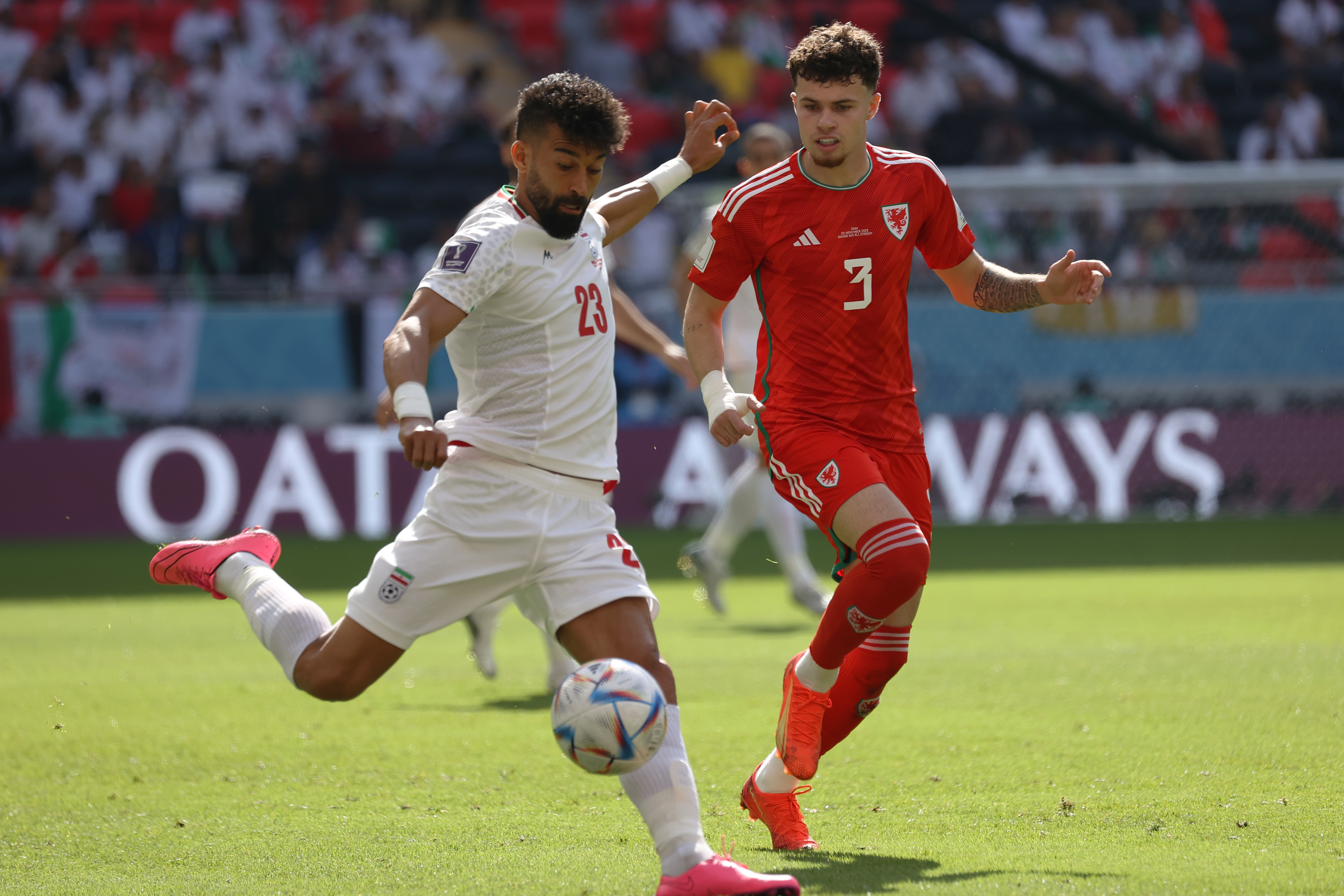 Iran’s Ramin Rezaeian in action during the Wales vs Iran Group B match at Ahmad bin Ali stadium, in Al Rayyan, Qatar