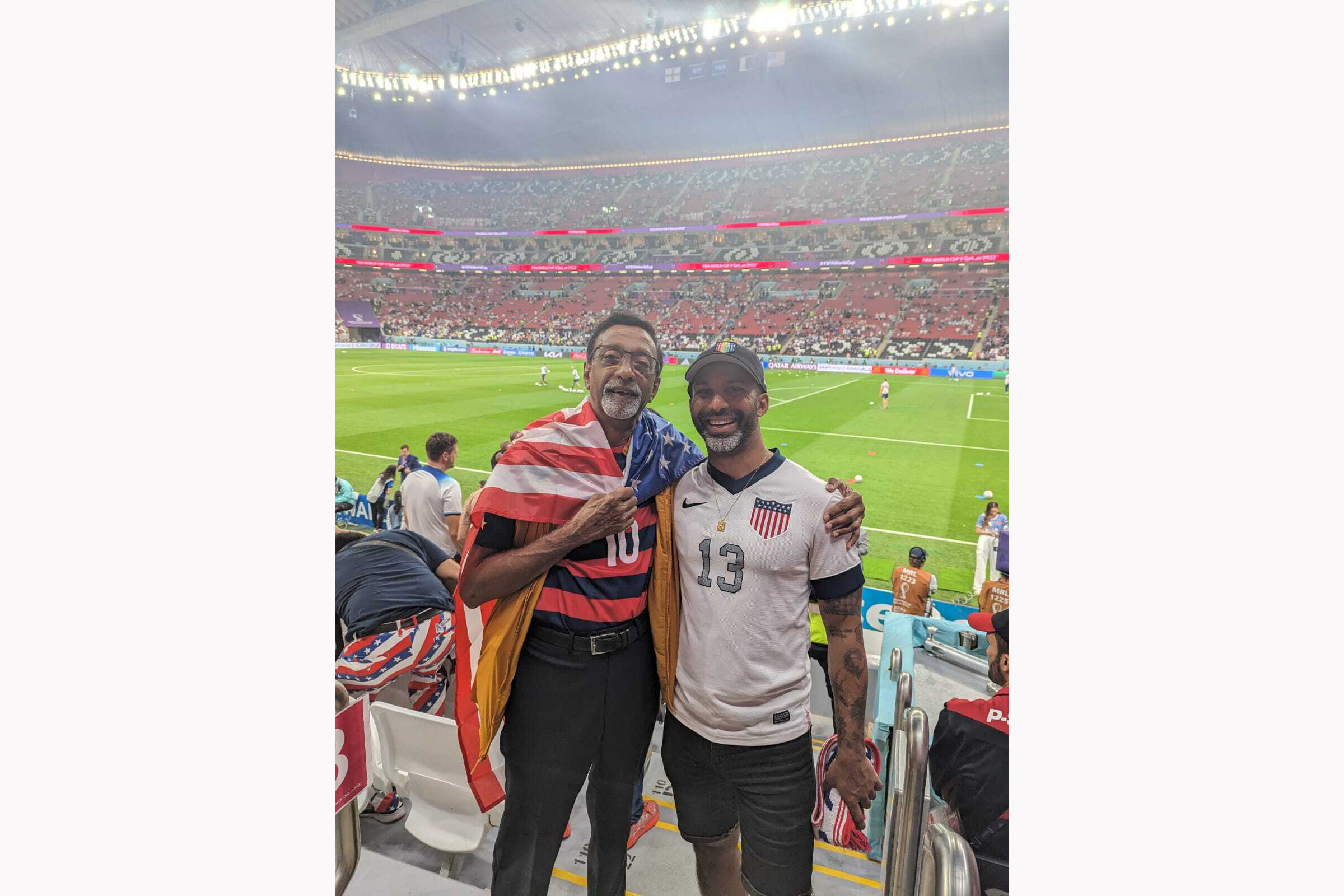Vignesh Ram is pictured at a World Cup match in Qatar with his father [Courtesy of Vignesh Ram]
