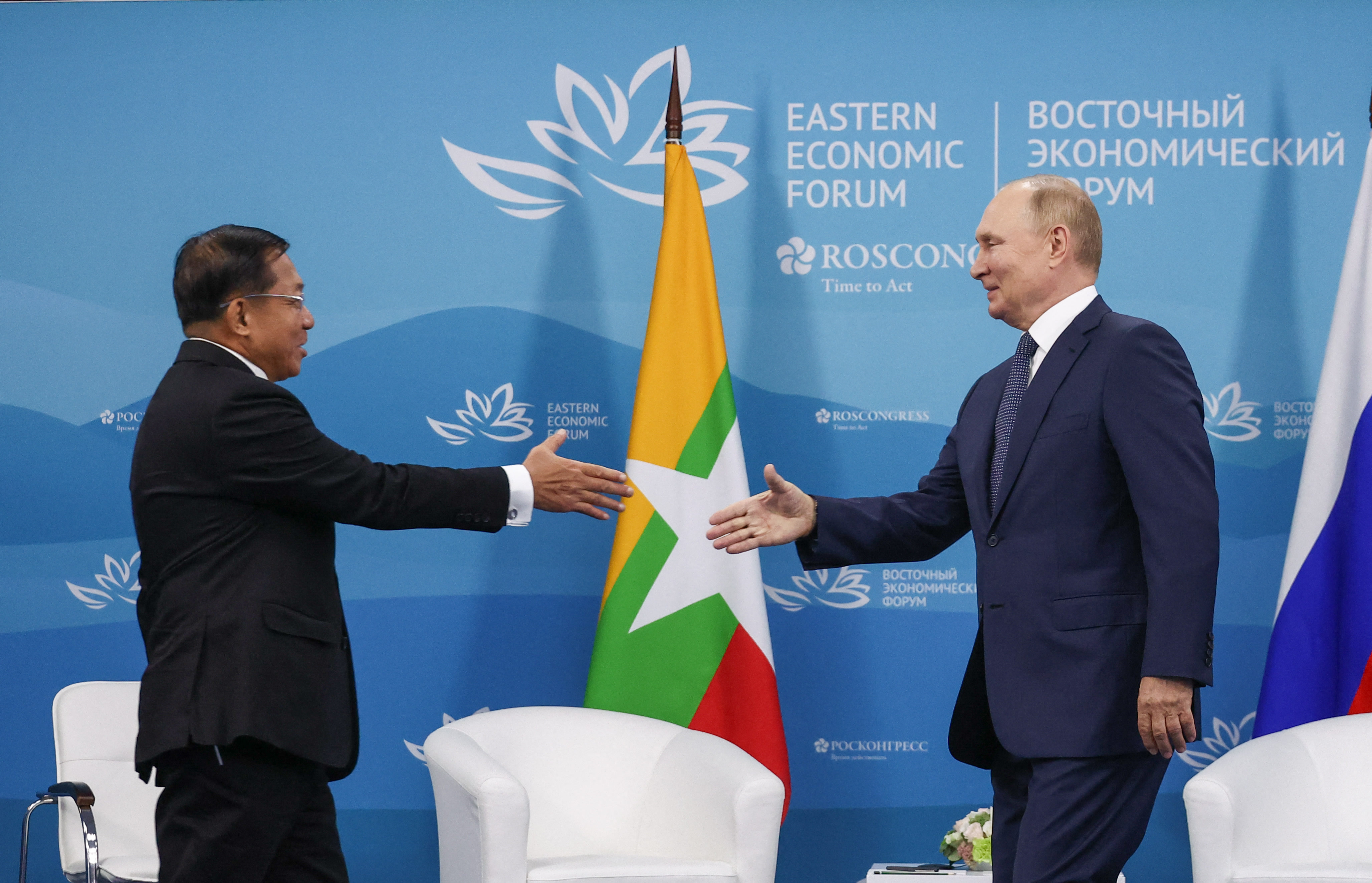 Myanmar military leader Min Aung Hlaing secured a longed-for meeting with Russian President Vladimir Putin on the sidelines of the 2022 Eastern Economic Forum in Vladivostok, Russia, in September