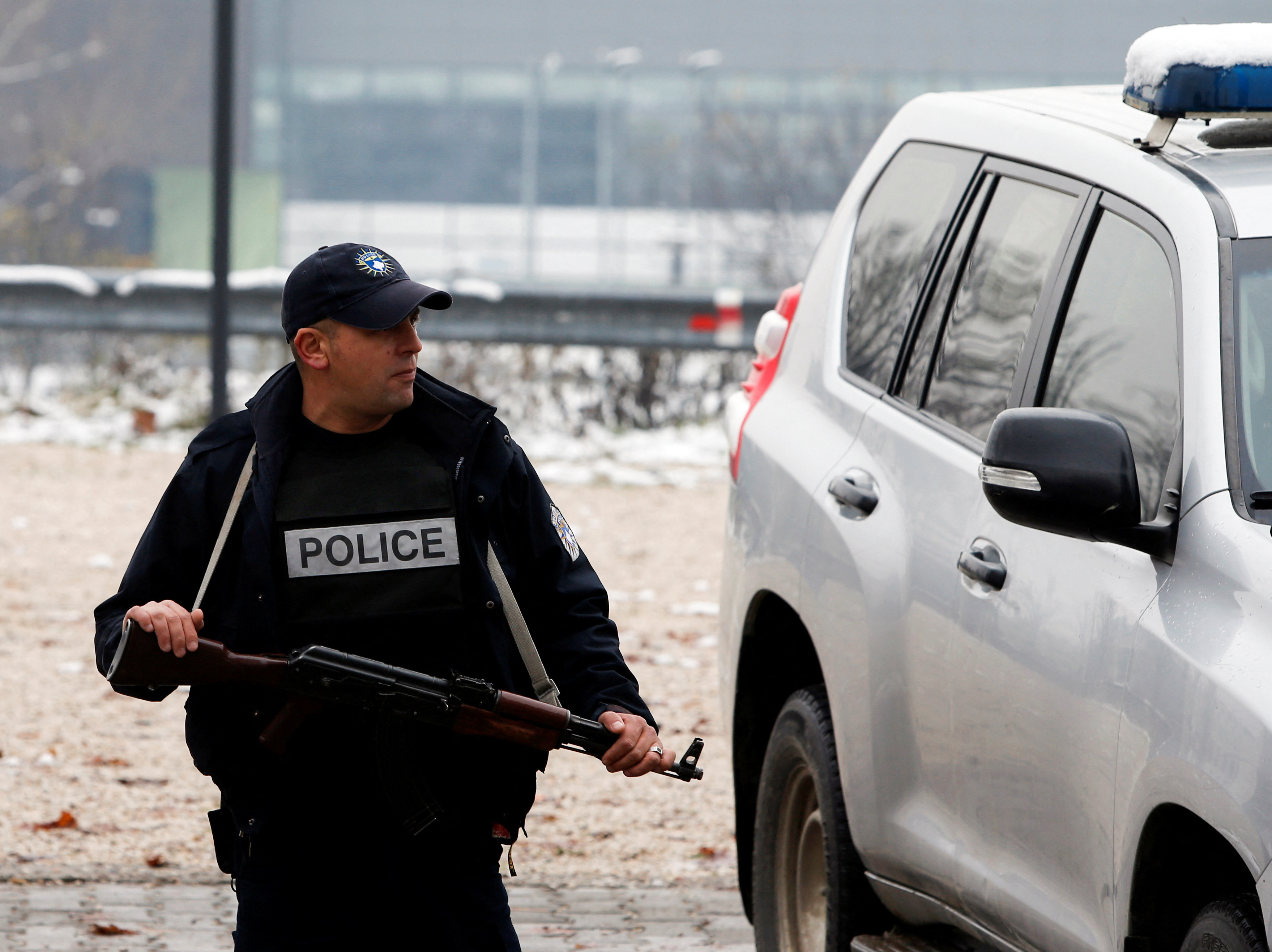Kosovo police officers patrol in North Mitrovica, Kosovo