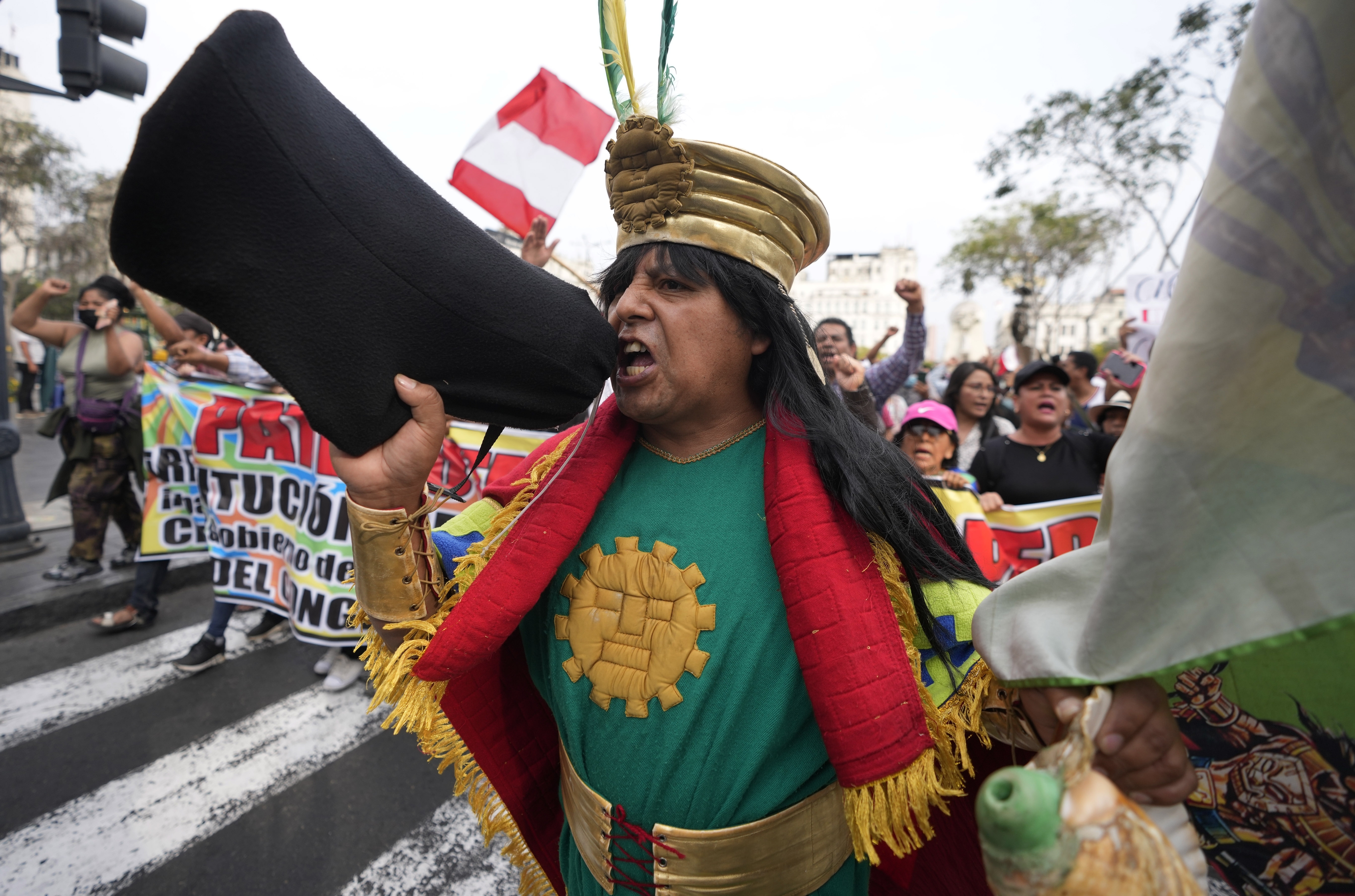 A supporter of ousted President Pedro Castillo marches