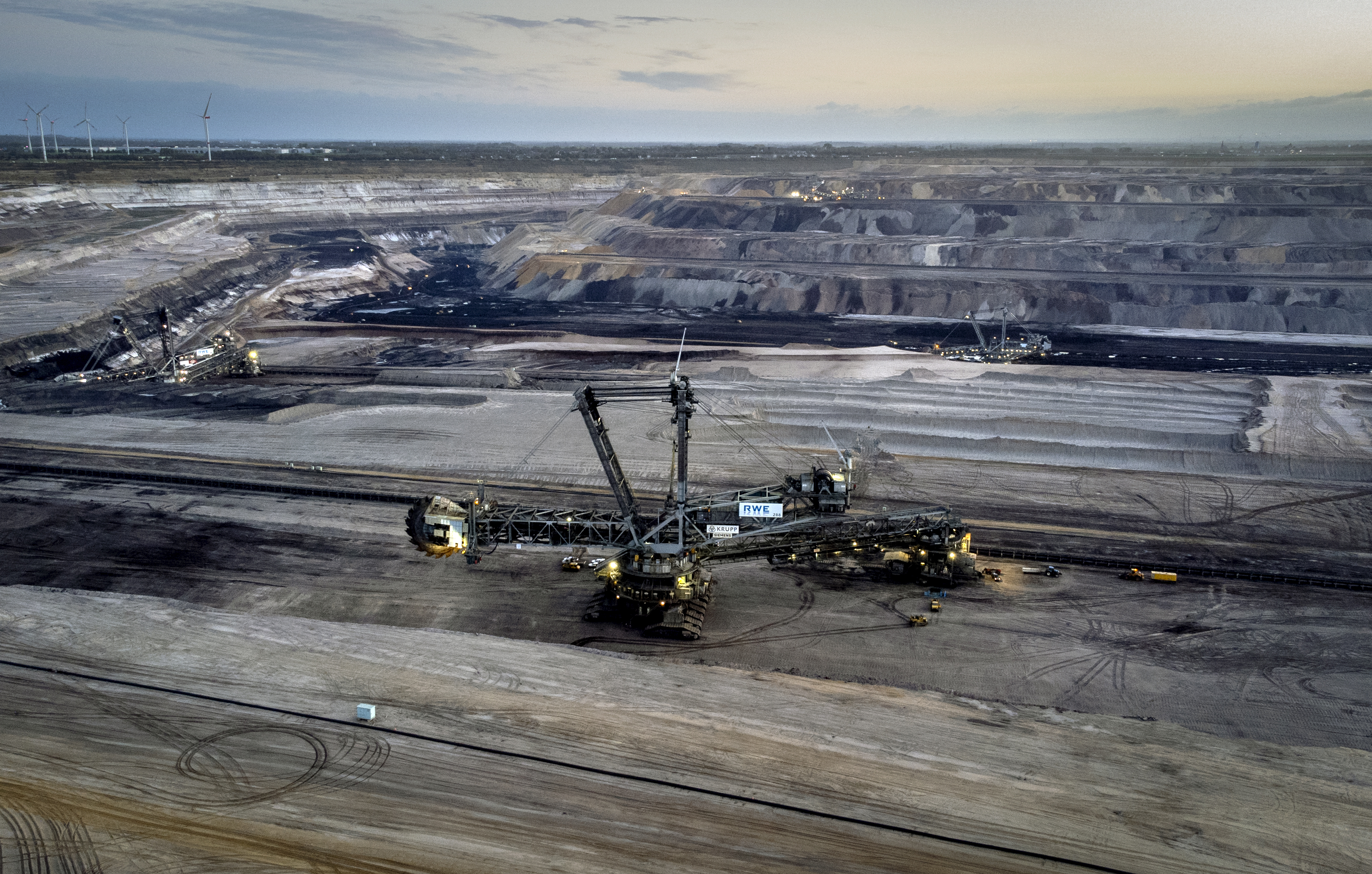 A bucket wheel excavator is mining coal