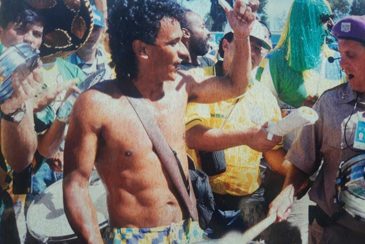 ‘World Cup Wallace’ playing the drum in Torino, Italy during the 1990 World Cup during which Brazil was eliminated in the round of 16 by Argentina [Courtesy of Wallace Leite]
