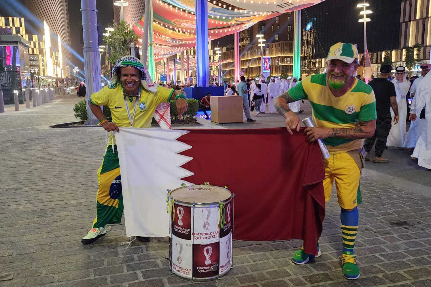 Leite wearing a ghutra (Left) at Lusail Boulevard in Doha, Qatar [Courtesy of Wallace Leite]