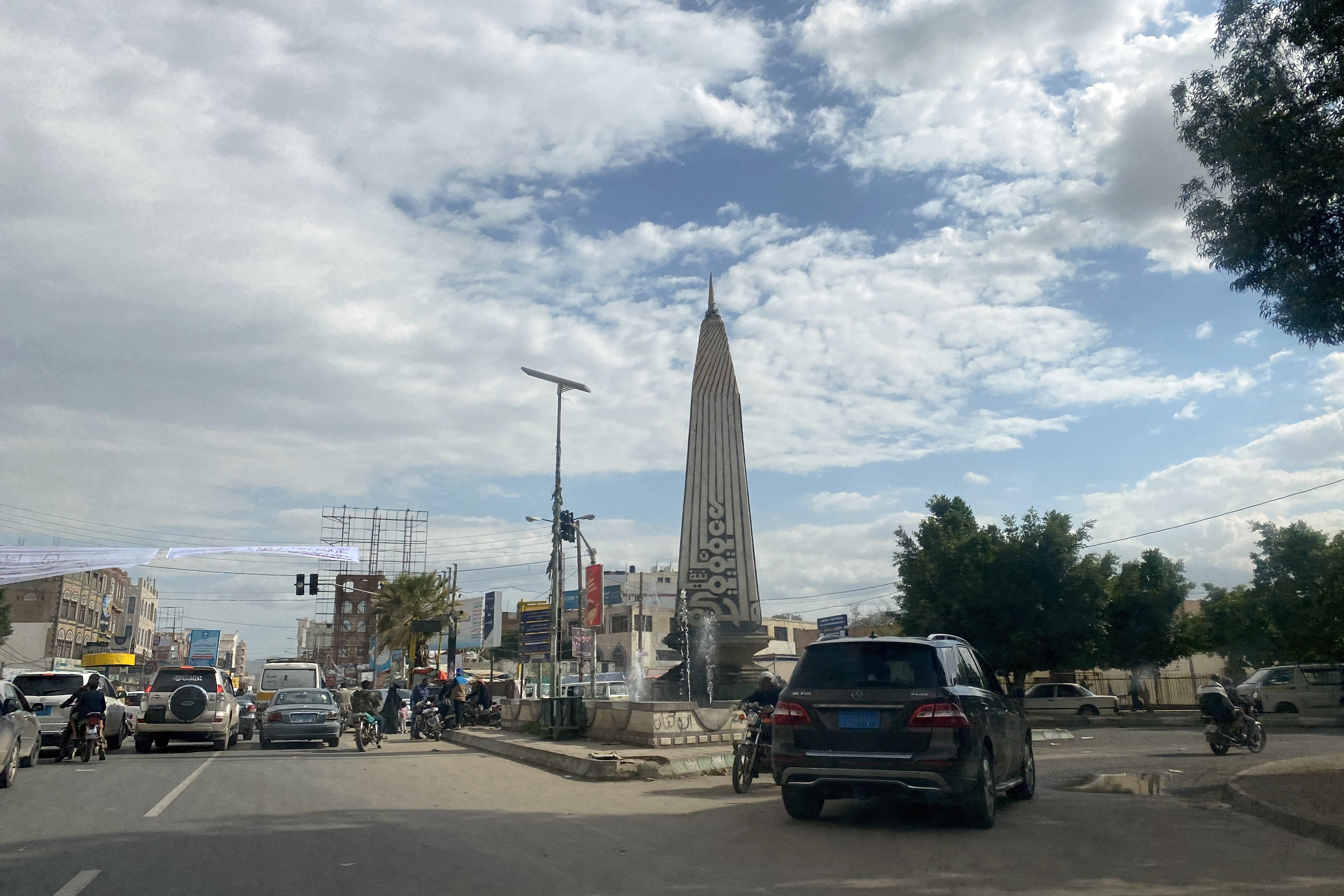 A monument in the middle of a street in Sanaa, Yemen