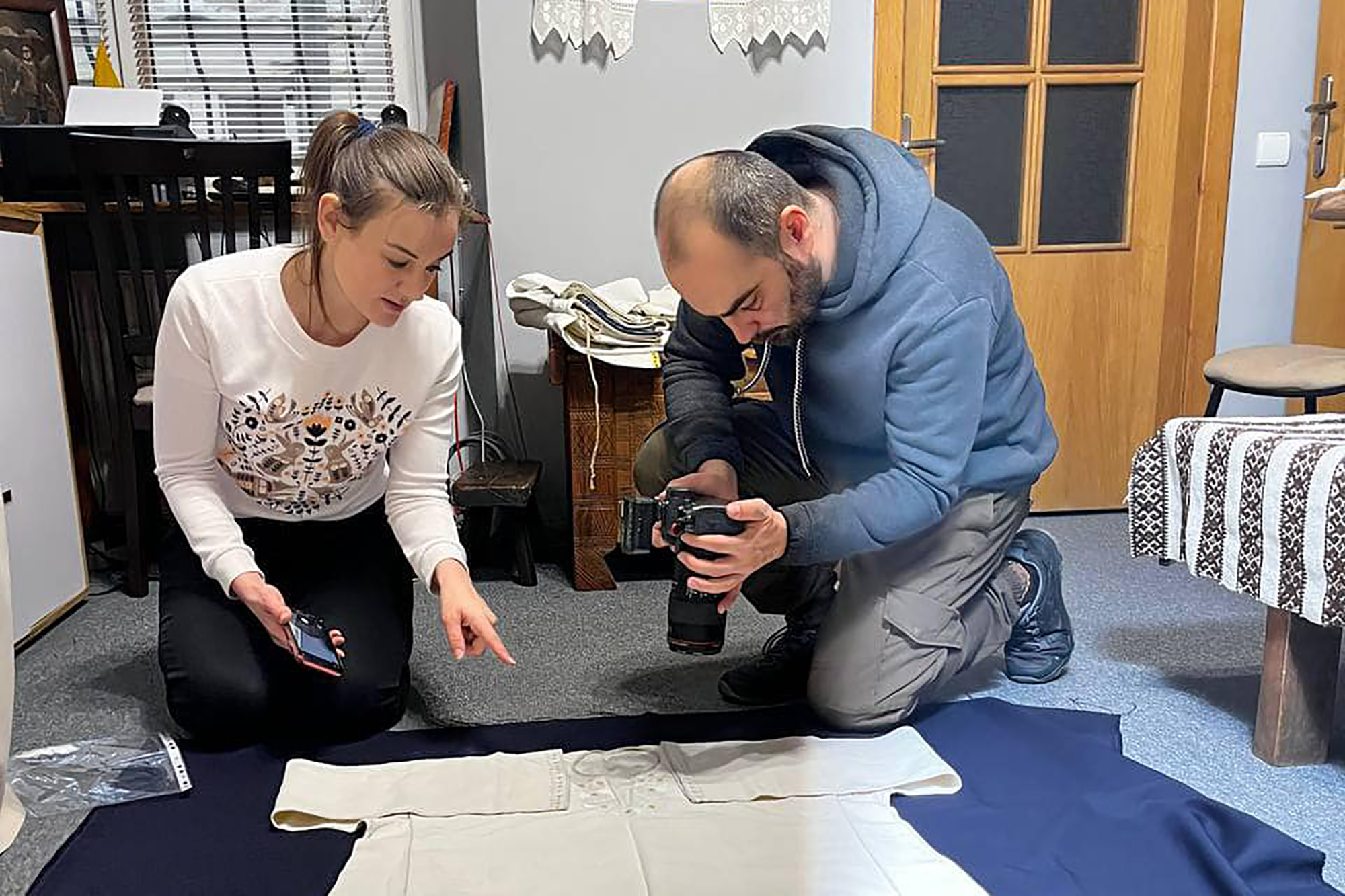 Cultural activist and founder of World Vyshyvanka Day Lesia Voroniuk and her team are documenting and evacuating old embroidered textiles from areas with fighting in Ukraine [Photo courtesy Lesia Voroniuk]