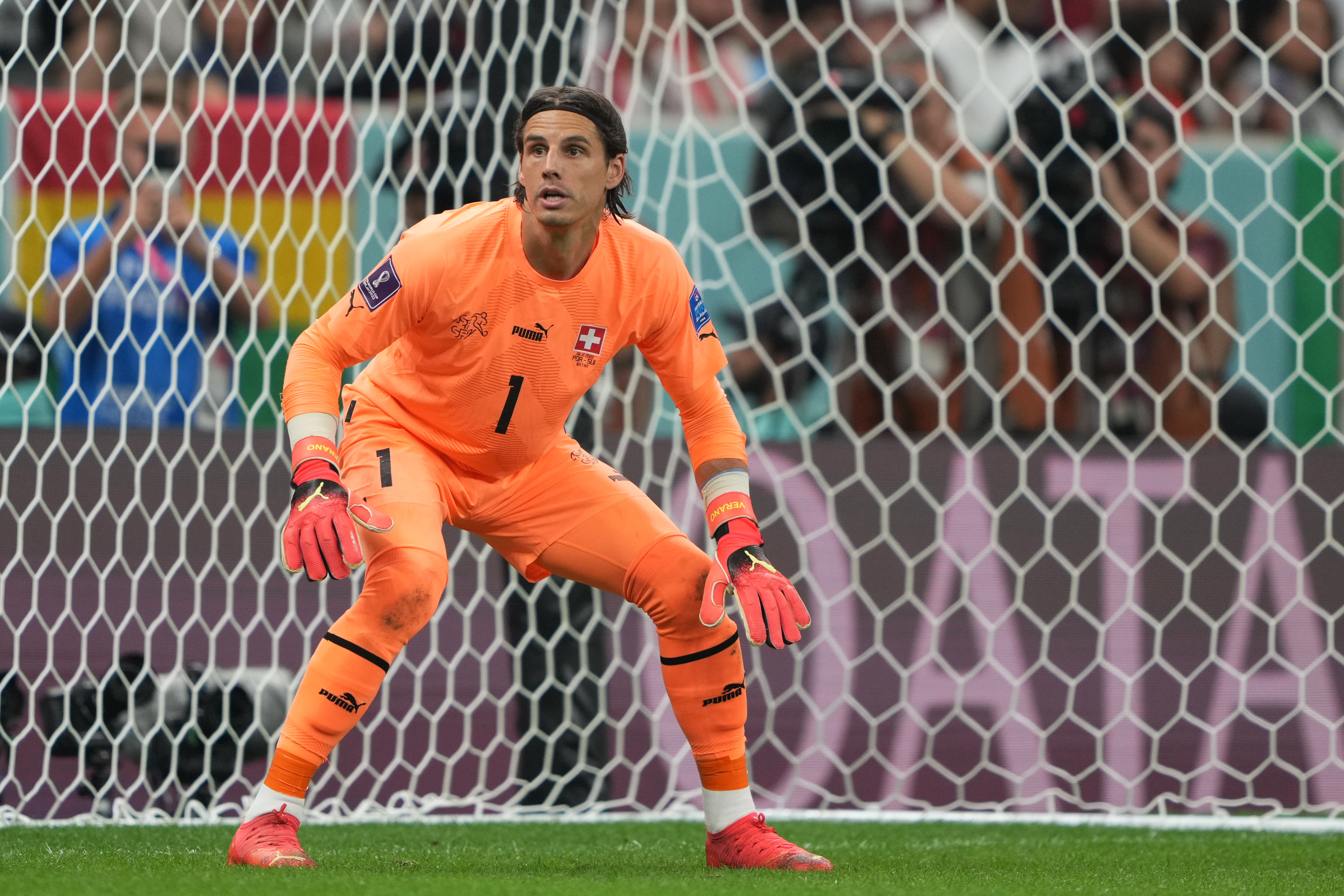 Swiss goalkeeper Yann Sommer standing ready in front of his net.