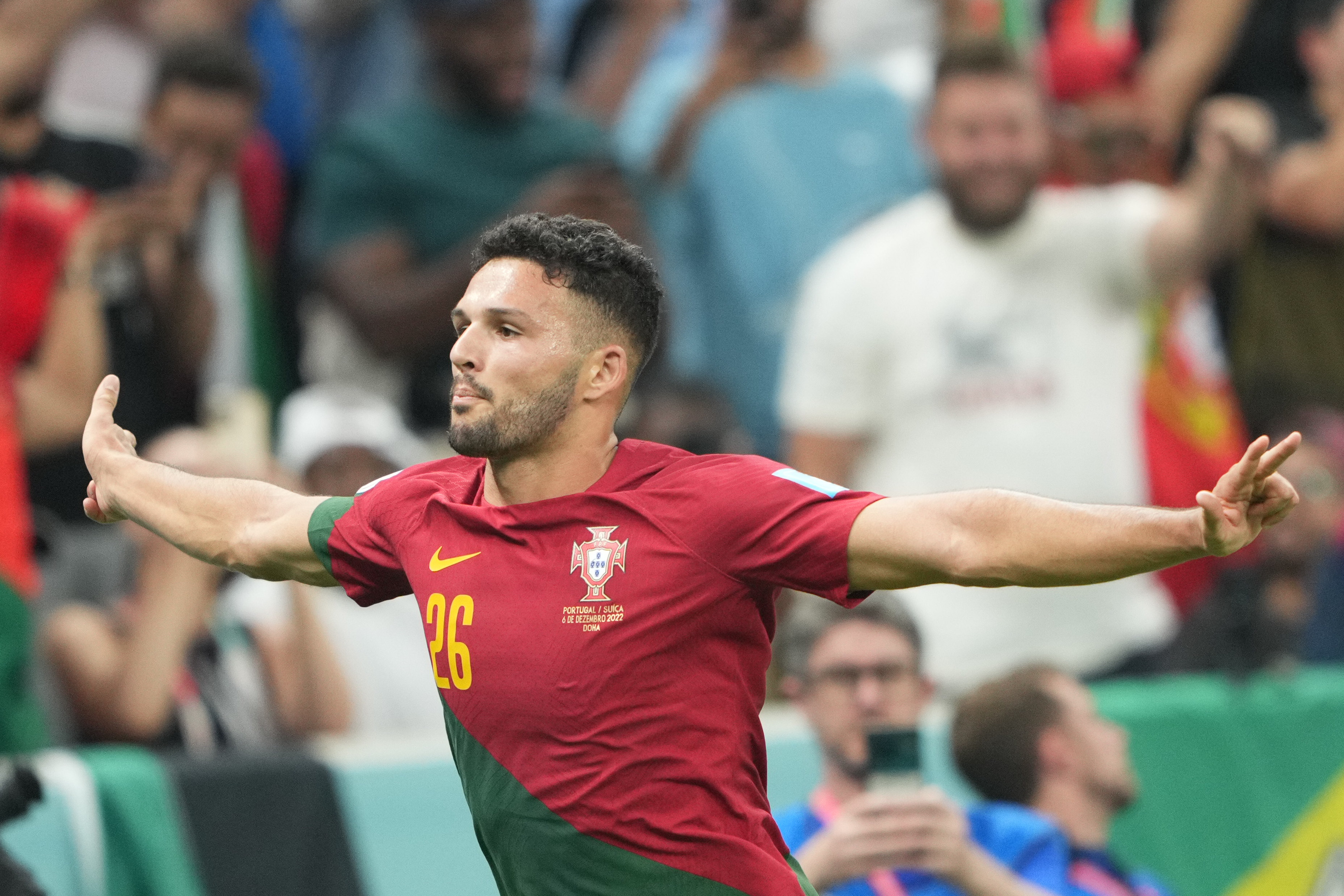 Goncalo Ramos celebrates his arrival on the world stage at Lusail Stadium