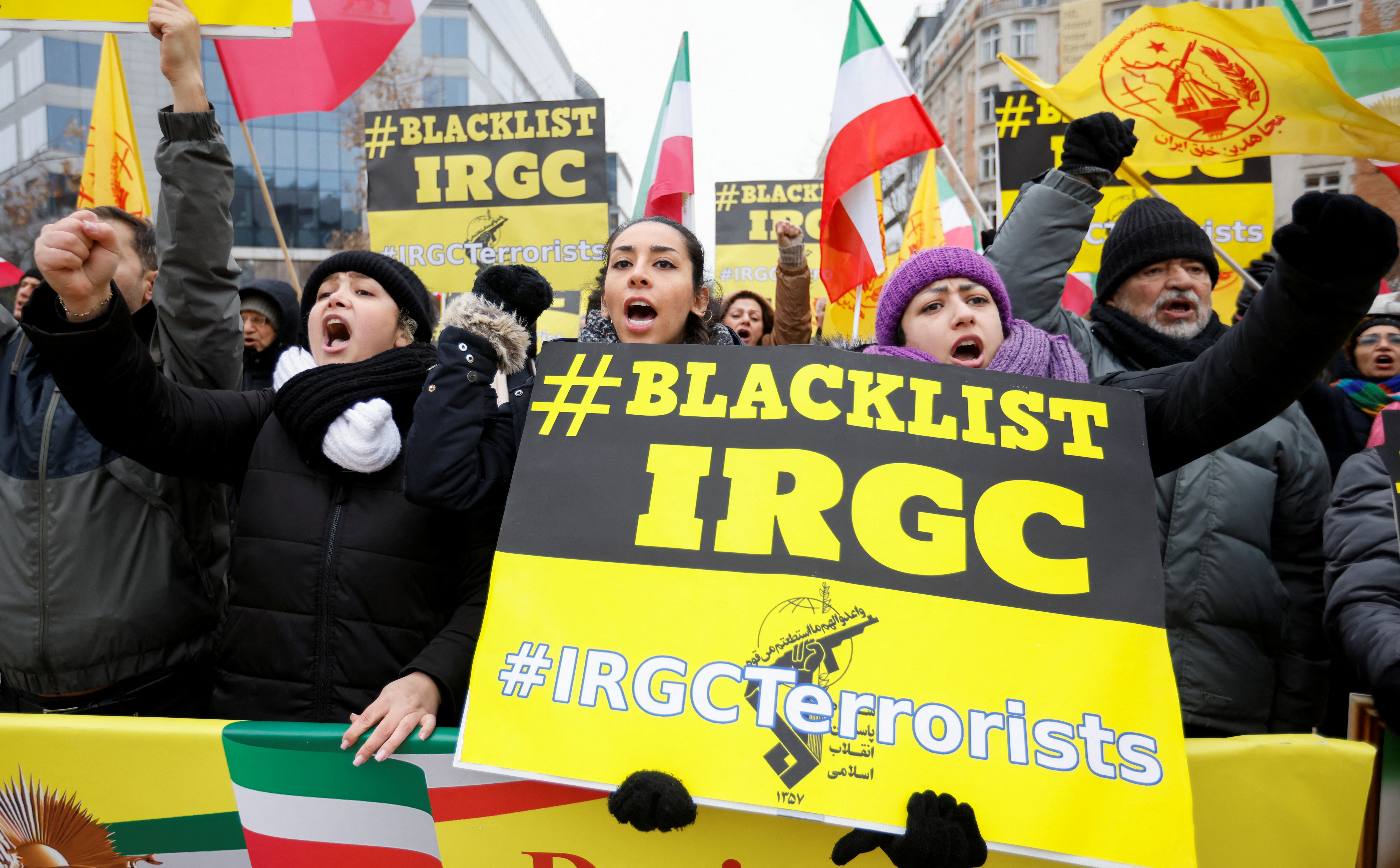 Protesters gathered in front of the European Union headquarters in Brussels to demonstrate against the Iranian government.