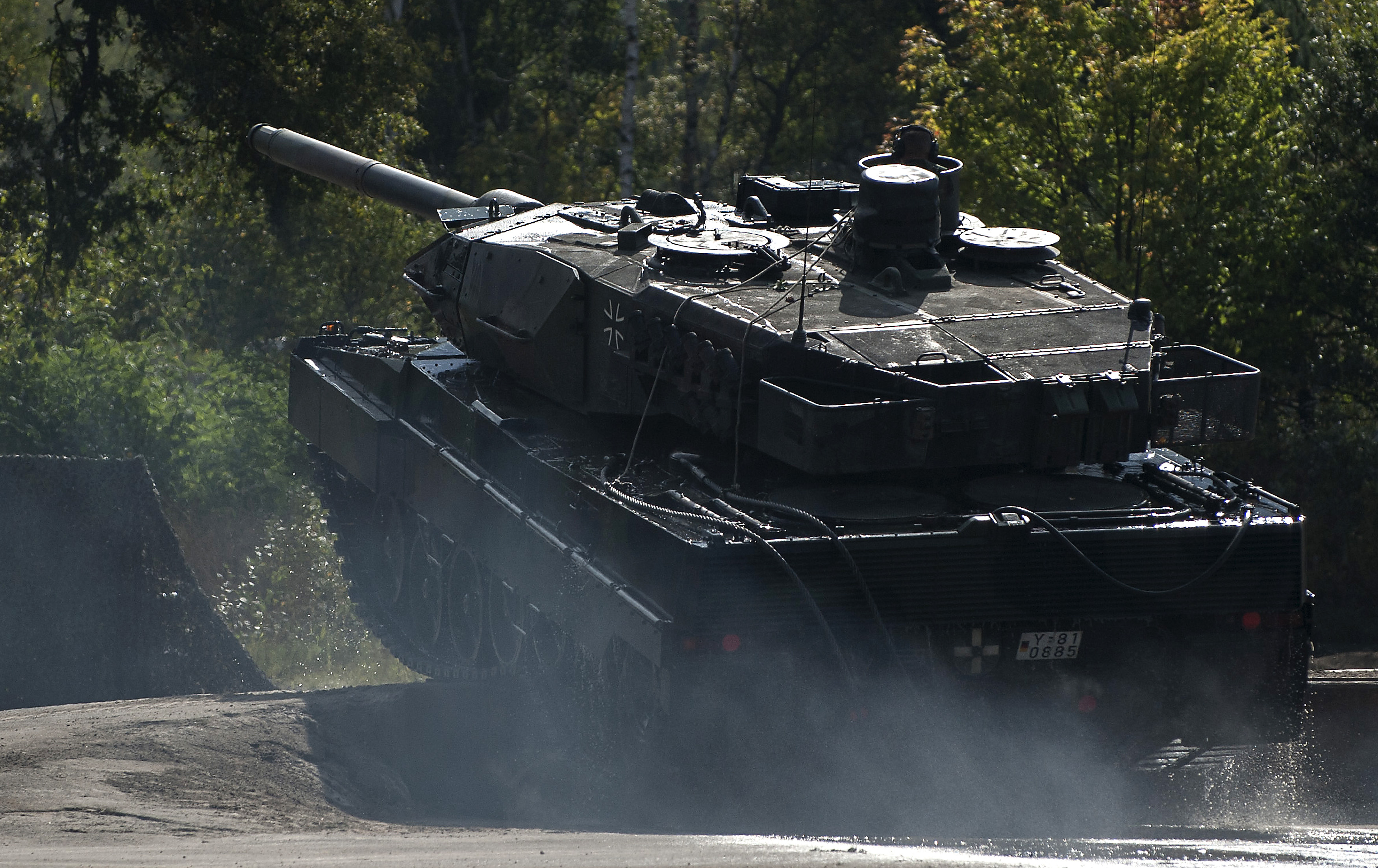 A Leopard 2 tank takes part in training in Munster, Lower Saxony