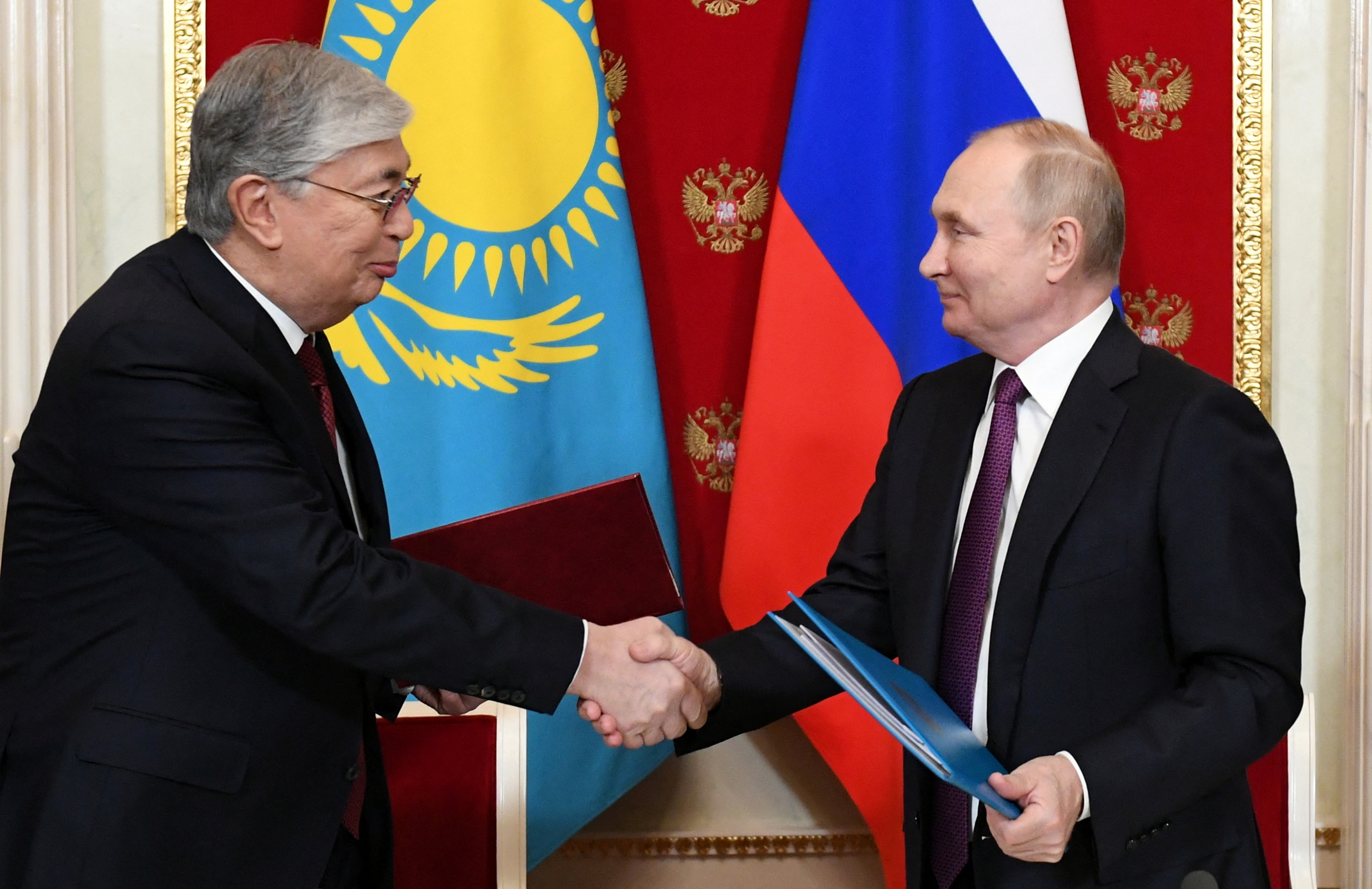 Tokayev, left, asked a Russian-led military bloc, the Collective Security Treaty Organisation, to help quell deadly anti-government riots a year ago, but he has refrained from supporting Russian President Vladimir Putin’s war in Ukraine