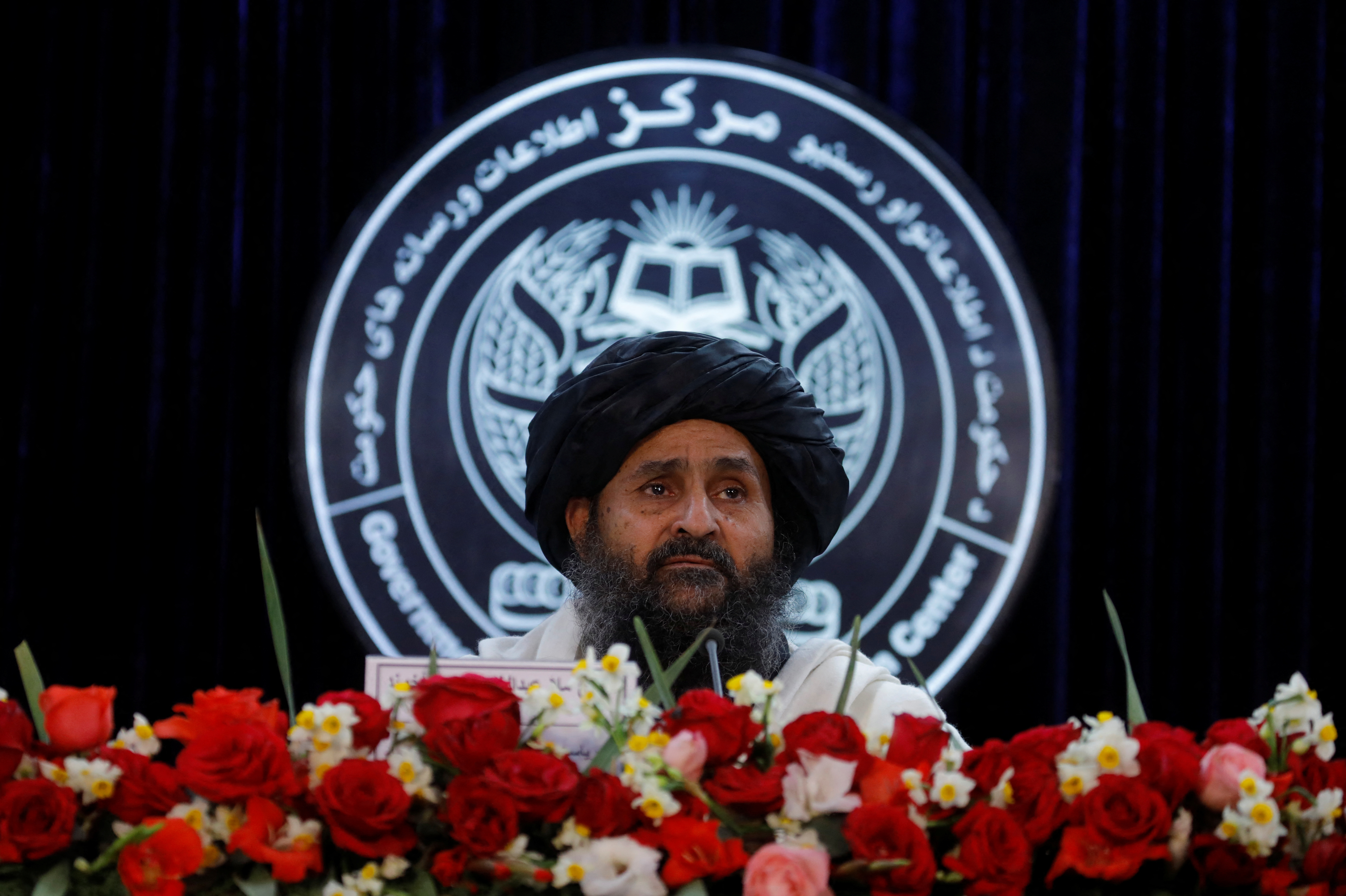 Afghan Deputy PM Mullah Abdul Ghani Baradar at a news conference in Kabul