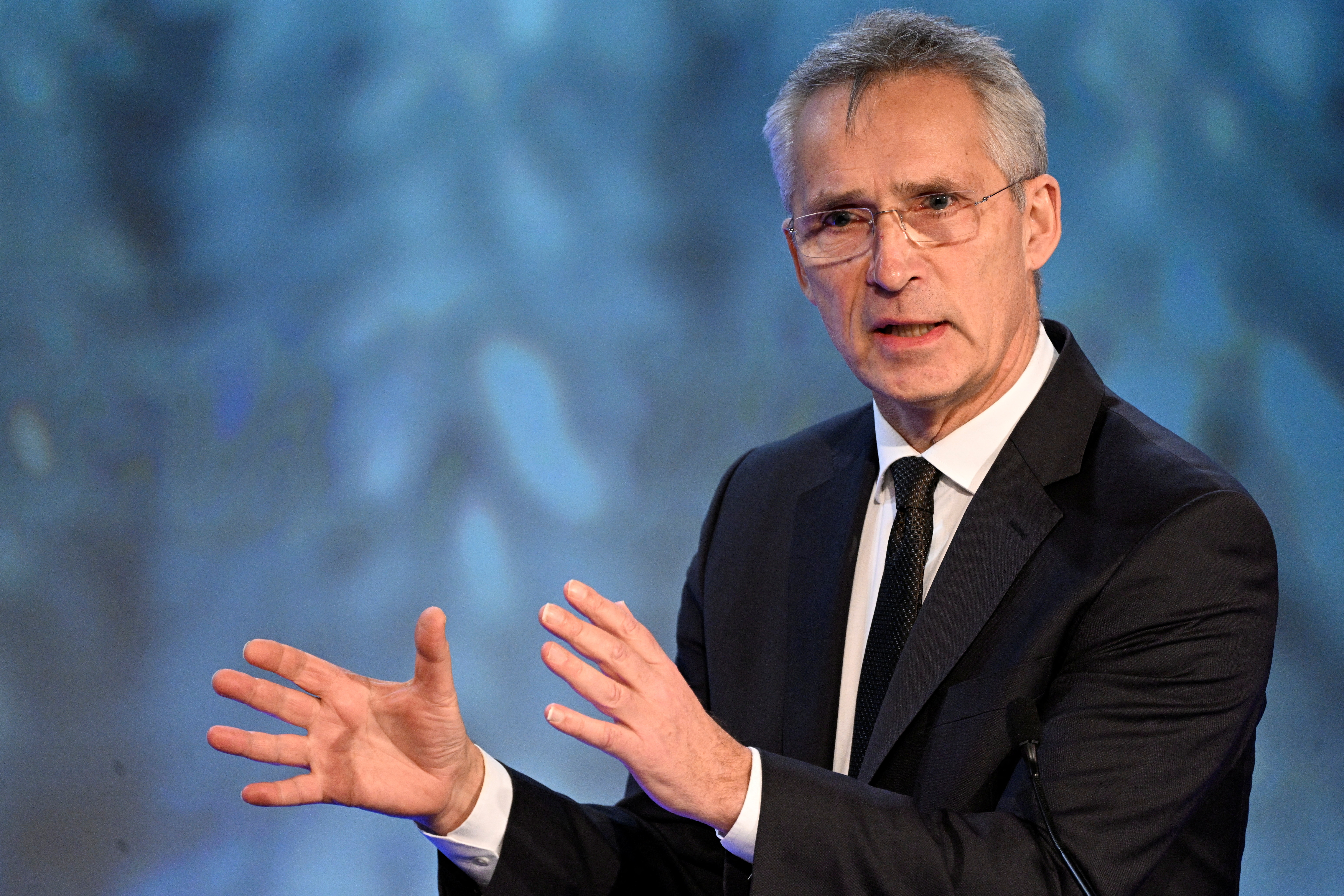 Jens Stoltenberg speaks during a conference in Sweden.