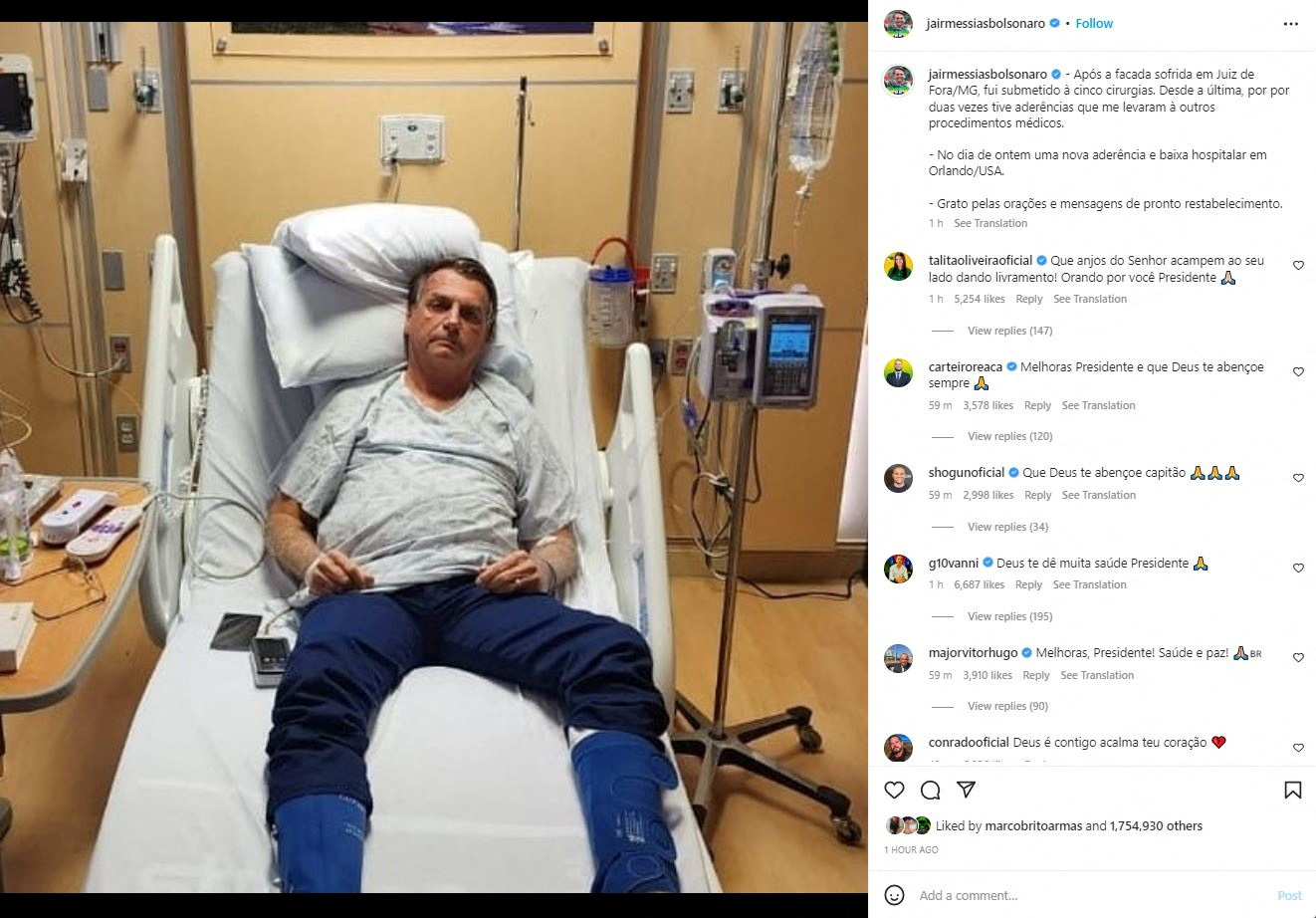 A screen grab of an image posted on Instagram shows Brazil's former President Jair Bolsonaro on a hospital bed at an unspecified location in this picture released January 9, 2023 and obtained from social media [Jair Bolsonaro/Instagram/via Reuters]