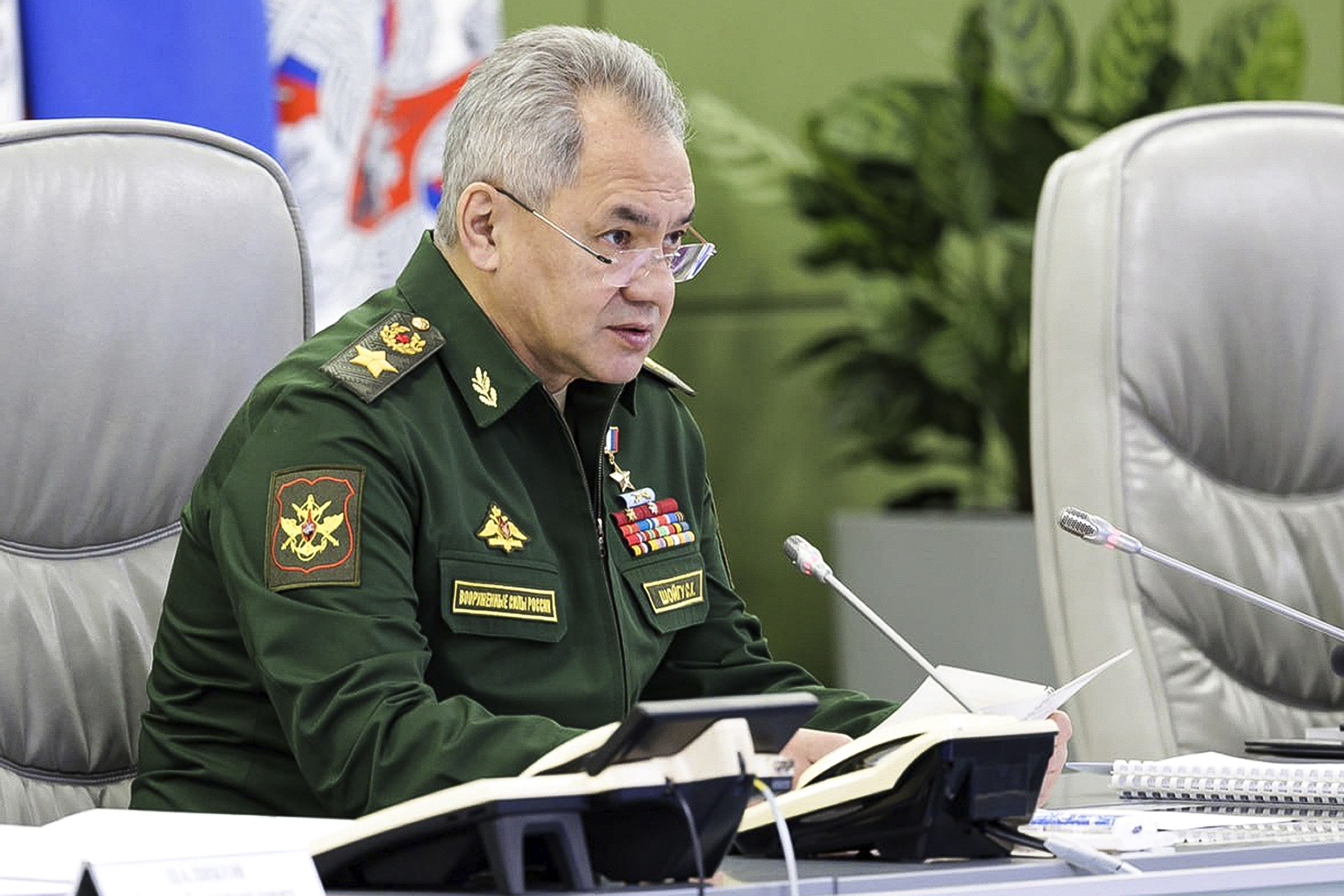Russian defence minister Sergei Shoigu speaks during a meeting with Russian high-level officers in Moscow, Russia [Russian Defence Ministry Press Service via AP]