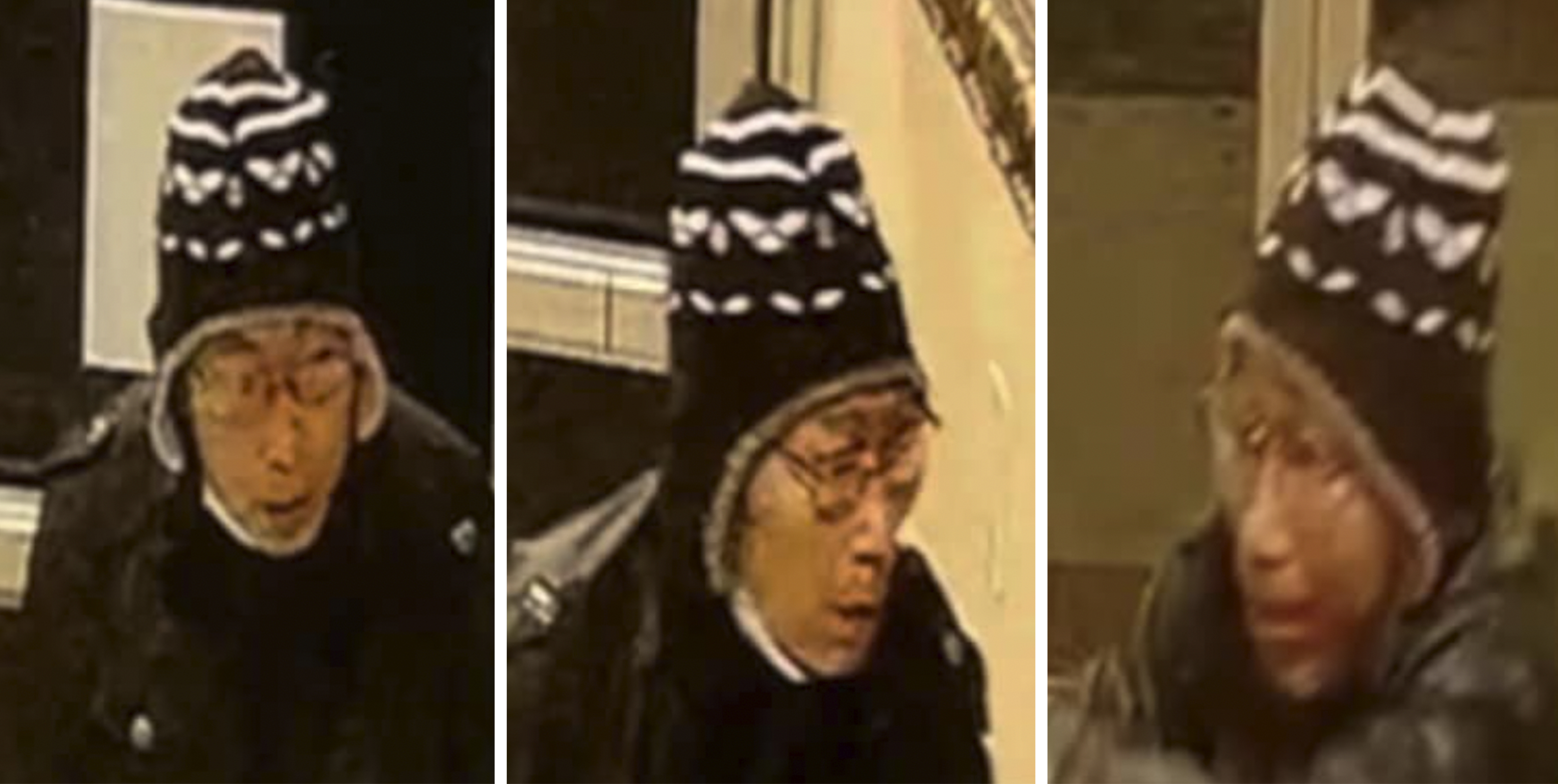 A police photo handout from CCTV showing the suspect in the Monterey Park shooting. He is wearing a black coat and a black woolly hat with a white pattern. He is also wearing glasses.