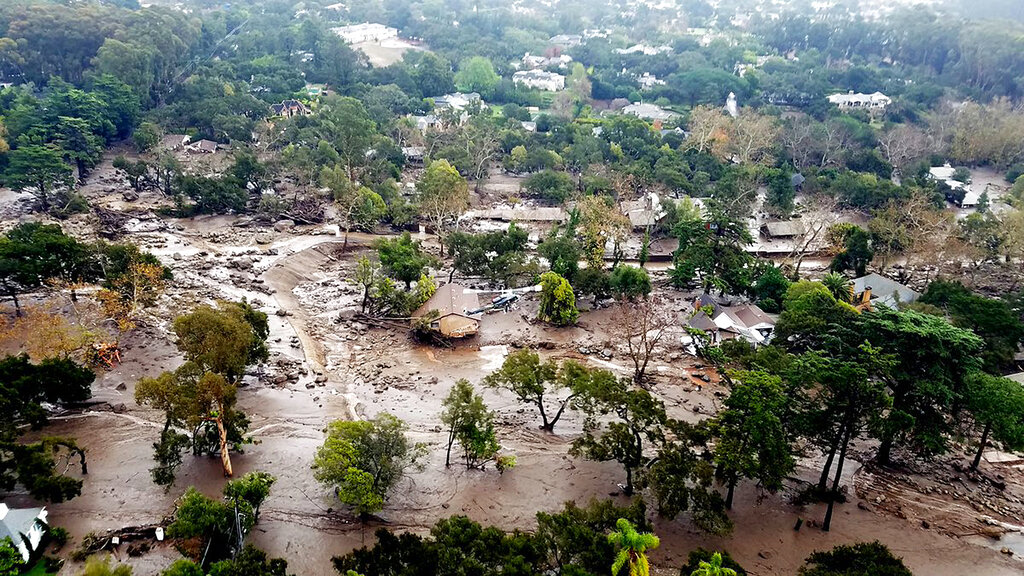A photo showing the aftermath of the 2018 Montecito mudslides that killed at least 23 people