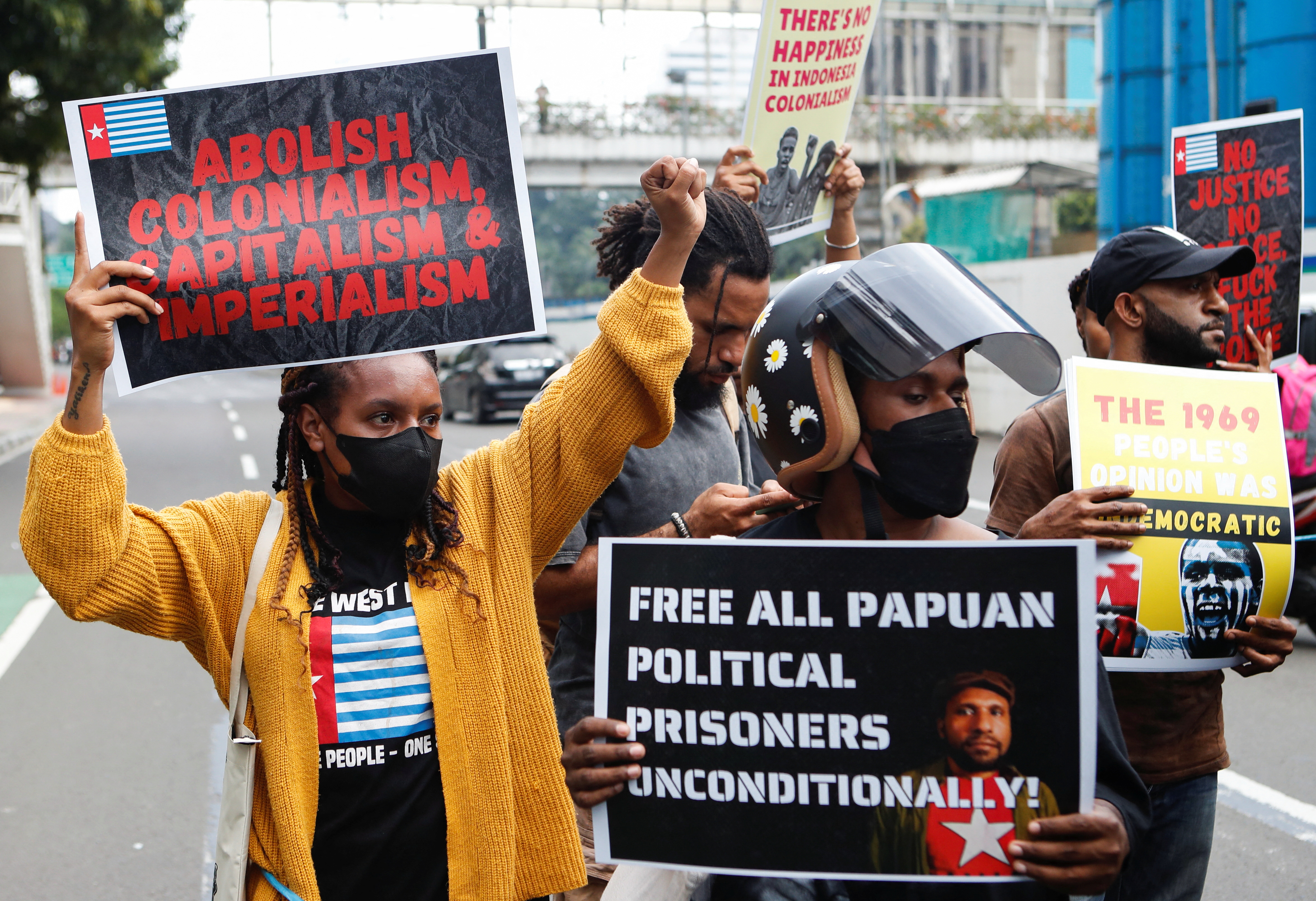 Demonstrators outside the United Nations building in Jakarta, Indonesia