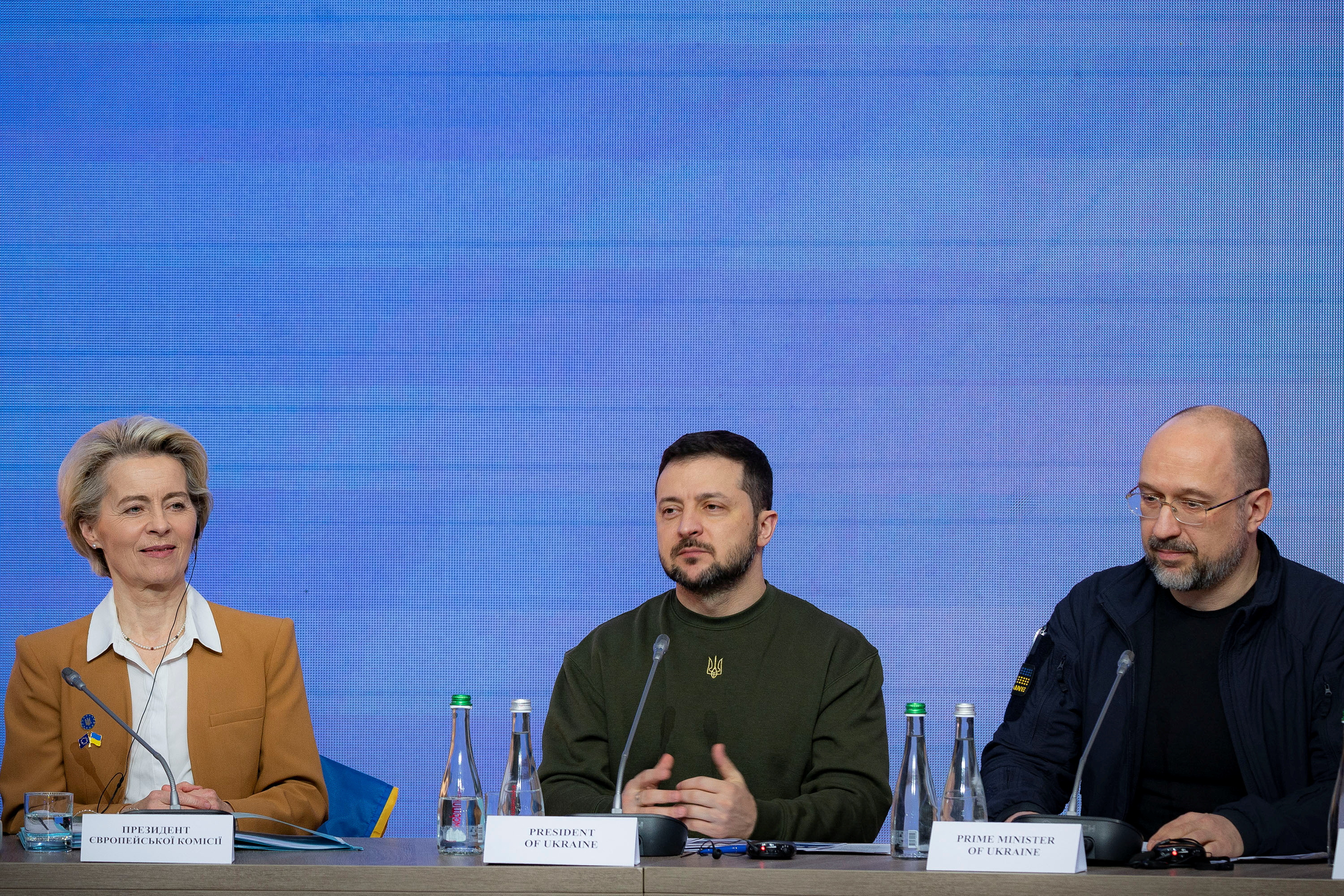 Ukraine’s President Volodymyr Zelenskyy, Prime Minister Denys Shmyhal and European Commission President Ursula von der Leyen attend an EU summit in Kyiv, Ukraine, on February 2, 2023 as Russia’s attack on Ukraine continues