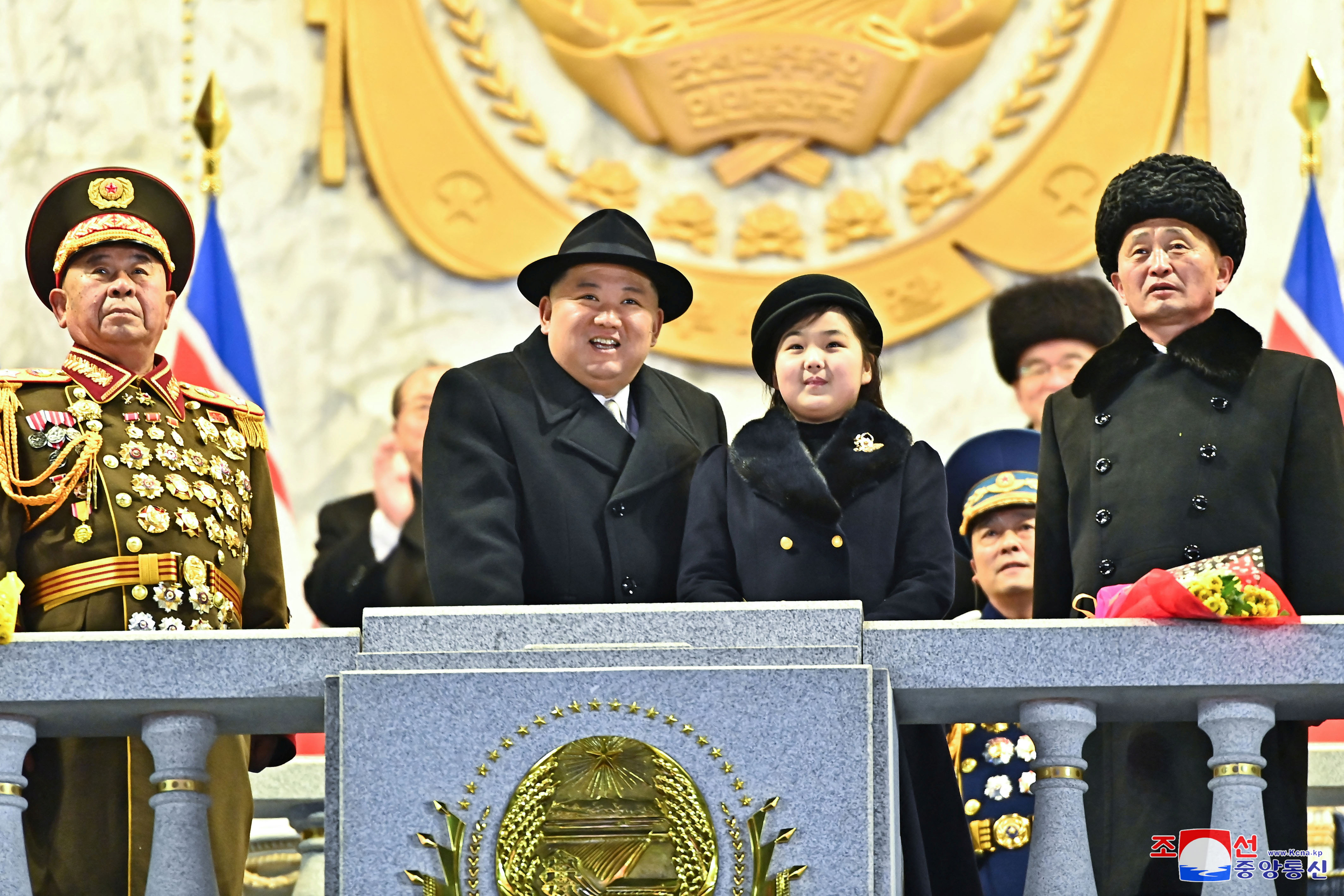 Leader Kim Jong Un and daughter Kim Ju Ae attend a military parade to mark the 75th founding anniversary of North Korea’s army, at Kim Il Sung Square in Pyongyang, North Korea on February 8, 2023 [KCNA via Reuters]