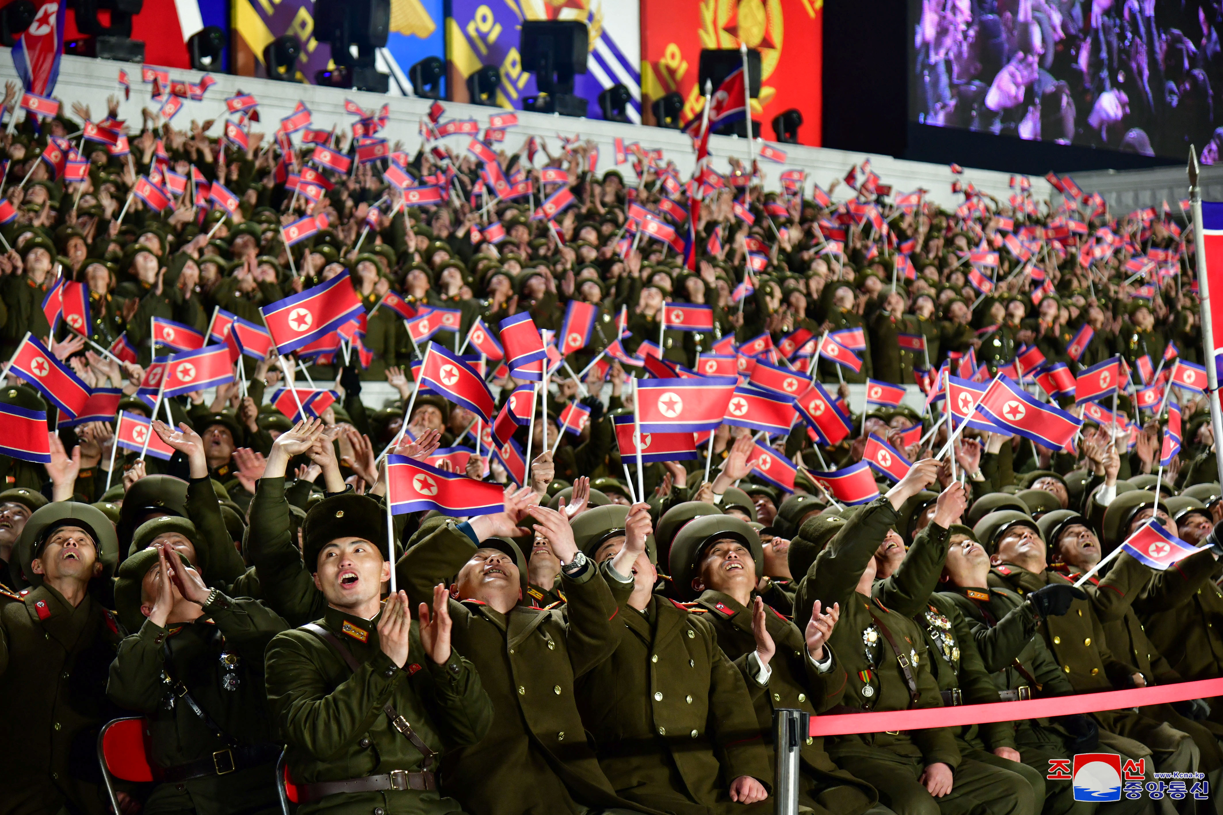 Troops attend a military parade to mark the 75th founding anniversary of North Korea’s army, at Kim Il Sung Square in Pyongyang, North Korea