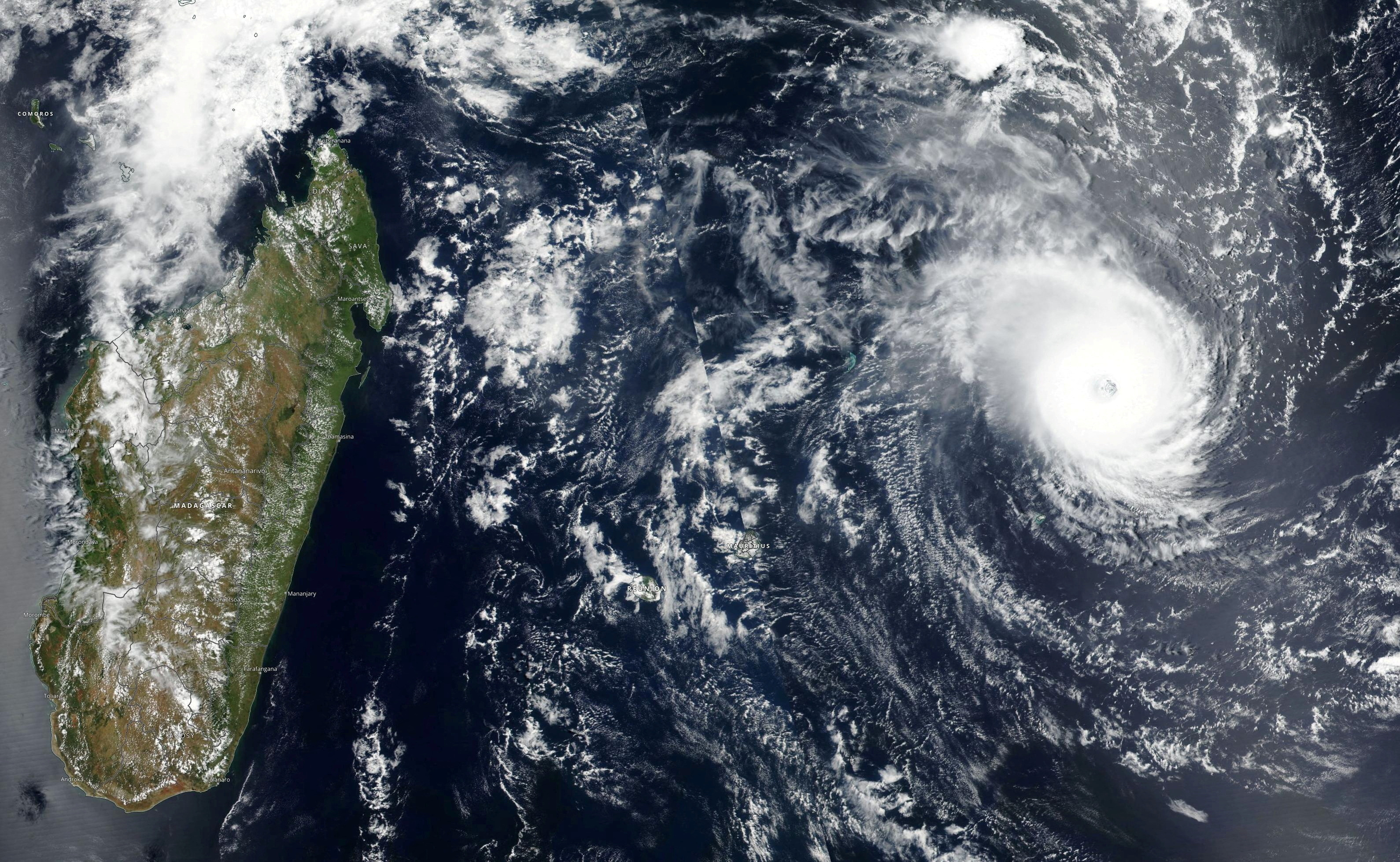 FILE PHOTO: Satellite imagery shows Tropical Cyclone Freddy approaching Madagascar in this undated satellite handout image obtained February 20, 2023. NASA Worldview/Handout via REUTERS THIS IMAGE HAS BEEN SUPPLIED BY A THIRD PARTY./File Photo
