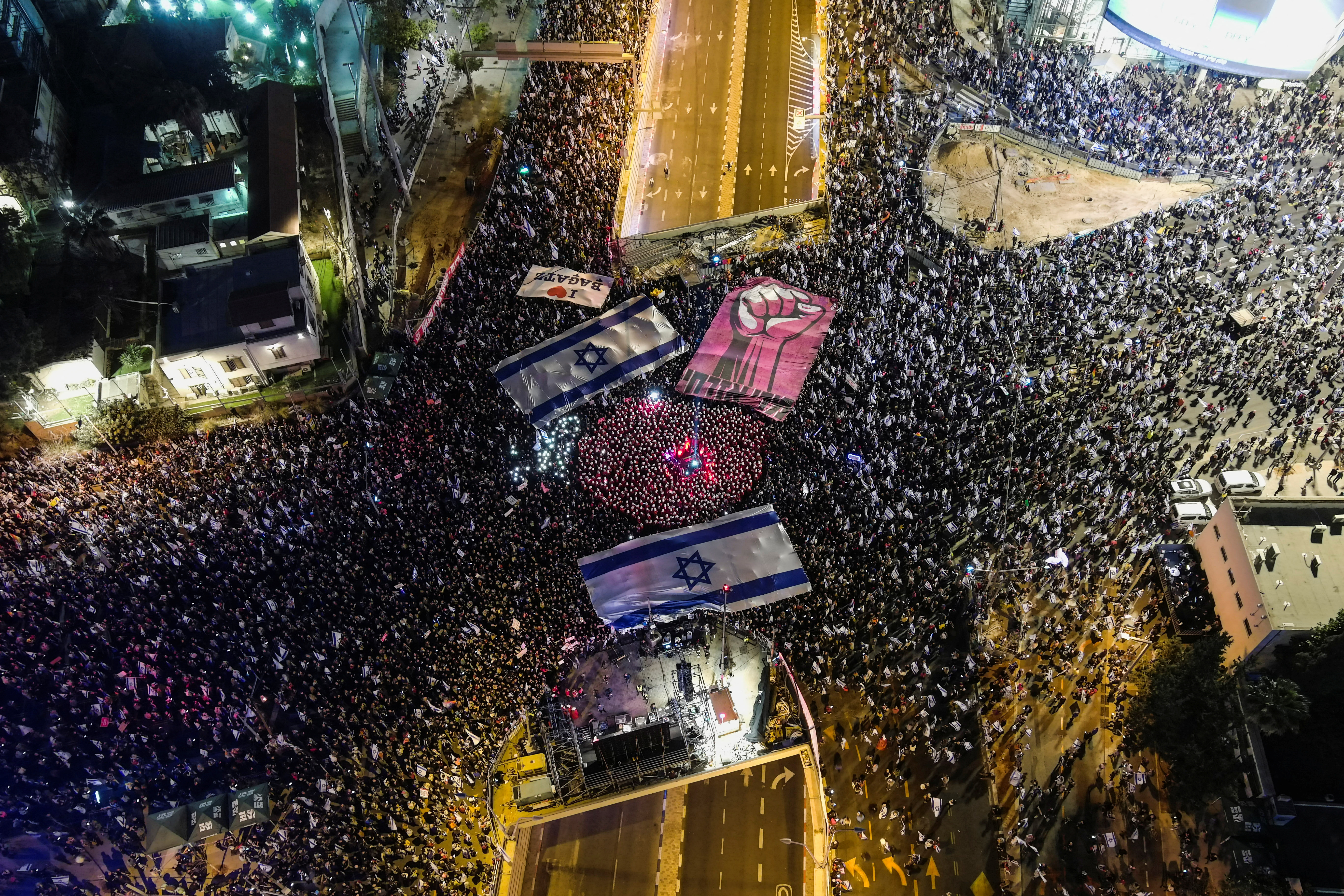 An aerial view shows crowds of protesters in Tel Aviv, Israel, March 11, 2023