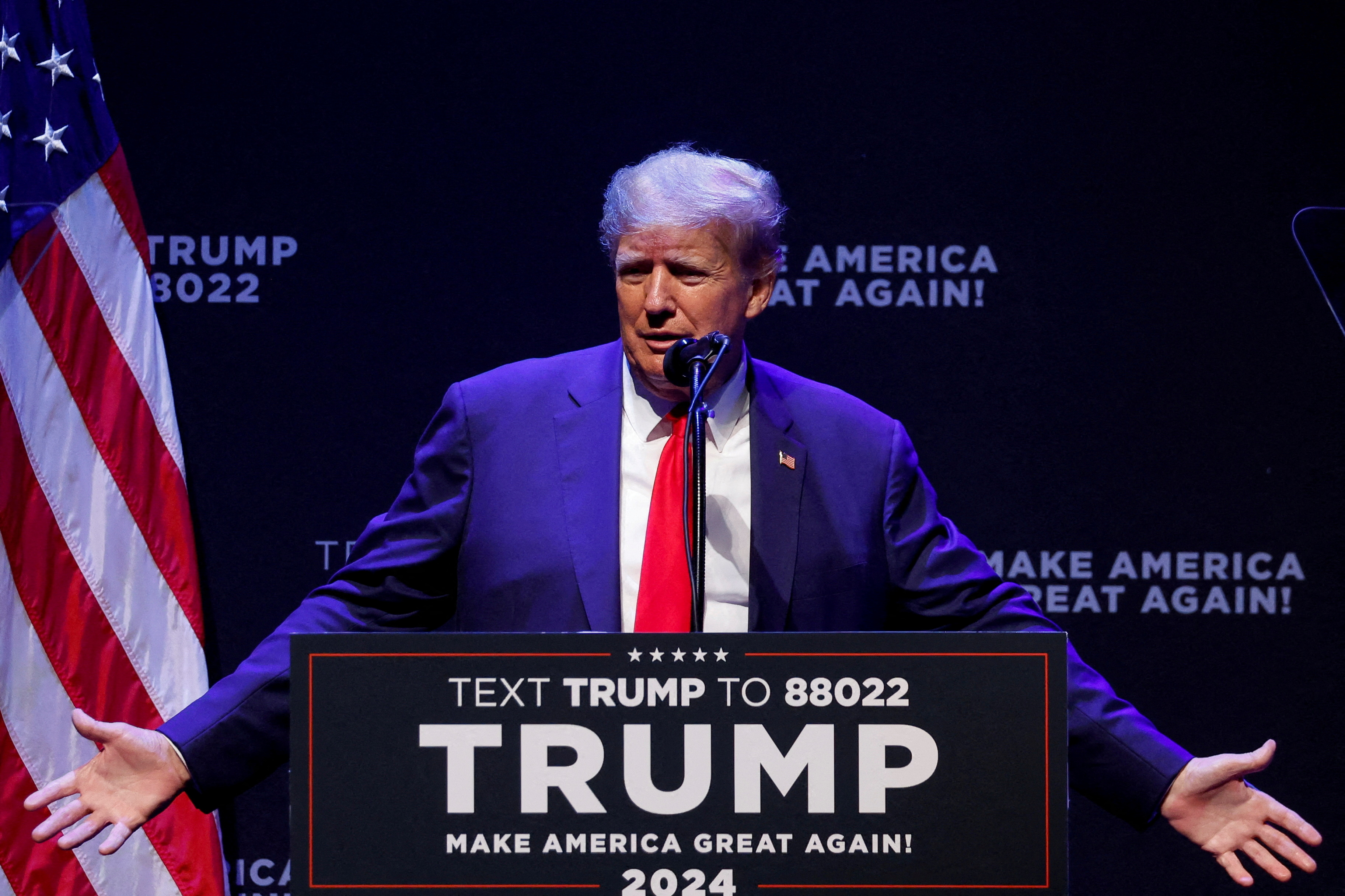 Former U.S. President Donald Trump delivers remarks on education as he holds a campaign rally with supporters, in Davenport, Iowa, U.S. March 13, 2023.