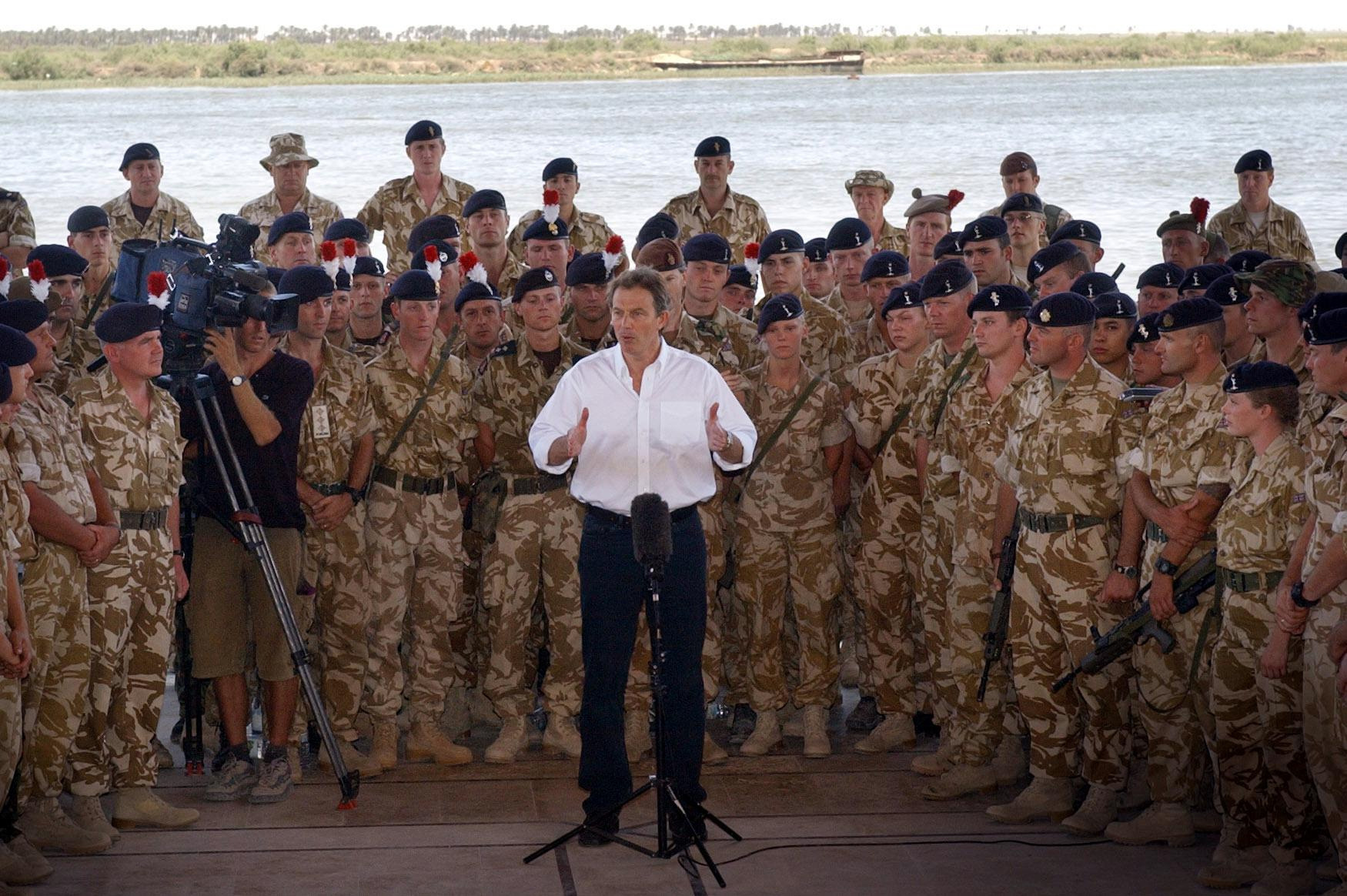 British Prime Minister Tony Blair addresses troops in Basra, Iraq on May 29, 2003