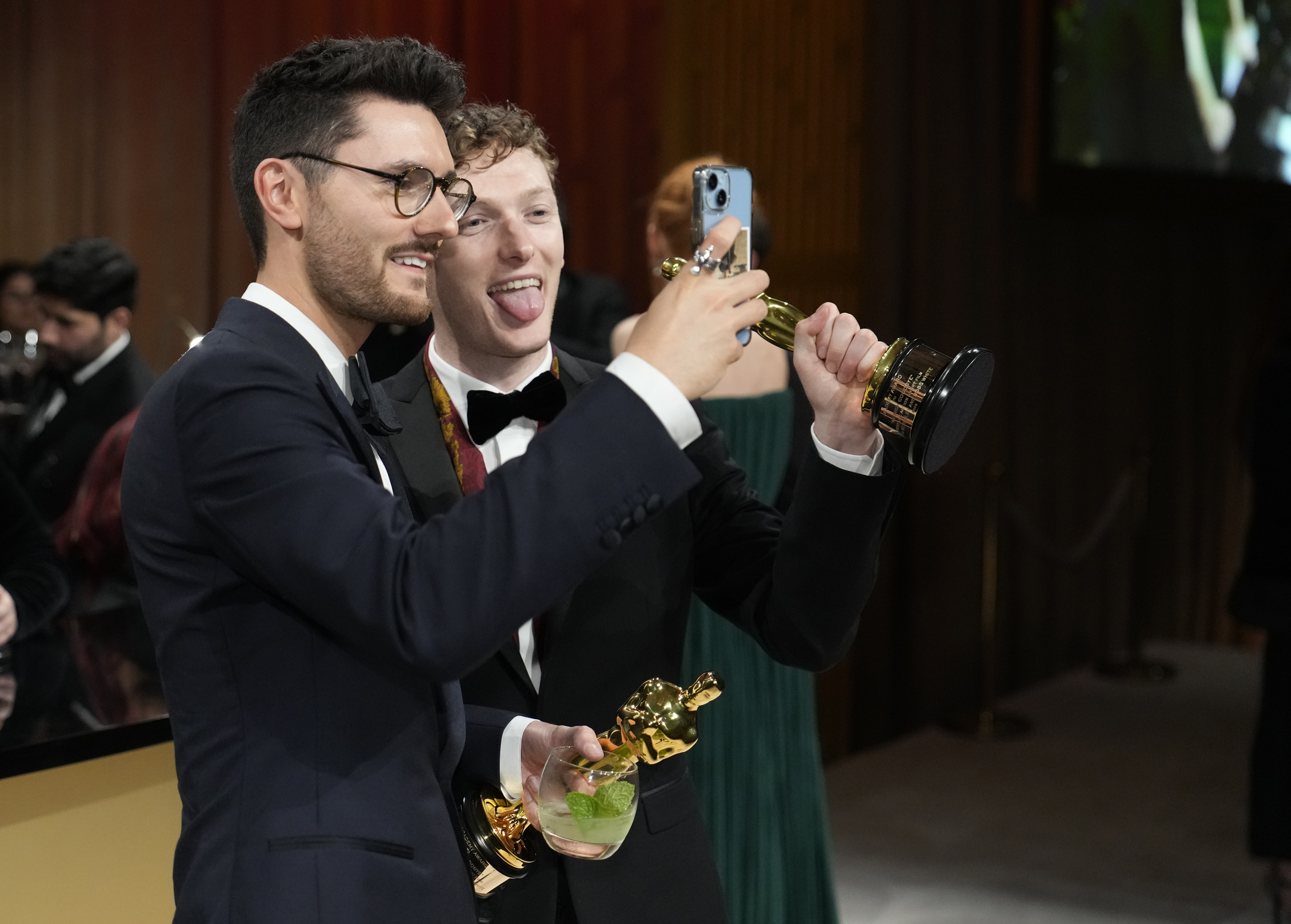 Tom Berkeley, left, and Ross White attend the Governors Ball after their win for live action short
