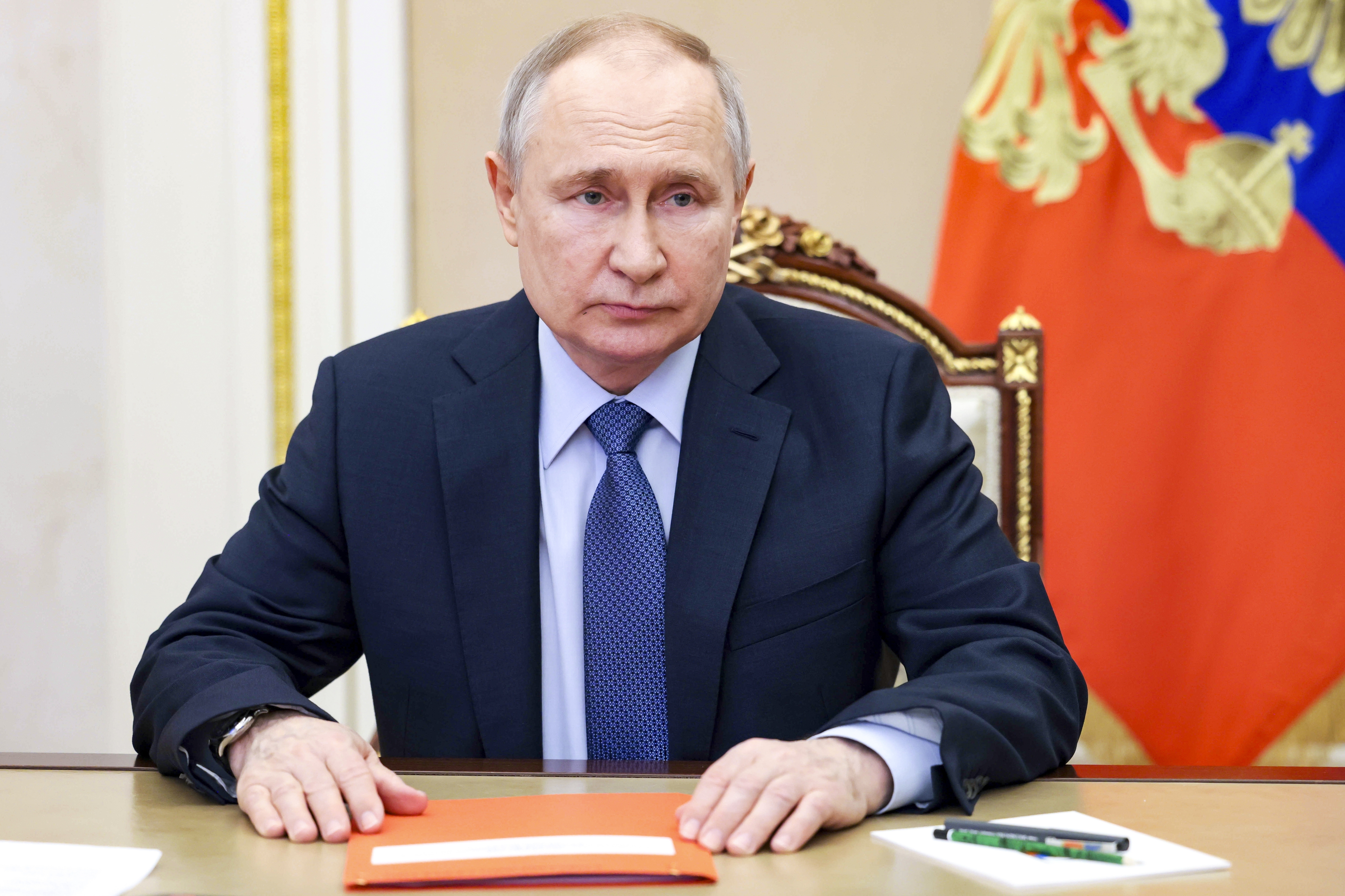 Russian President Vladimir Putin chairs a Security Council meeting via a videoconference in Moscow, Russia, Friday, March 17, 2023. (Mikhail Metzel, Sputnik, Kremlin Pool Photo via AP)