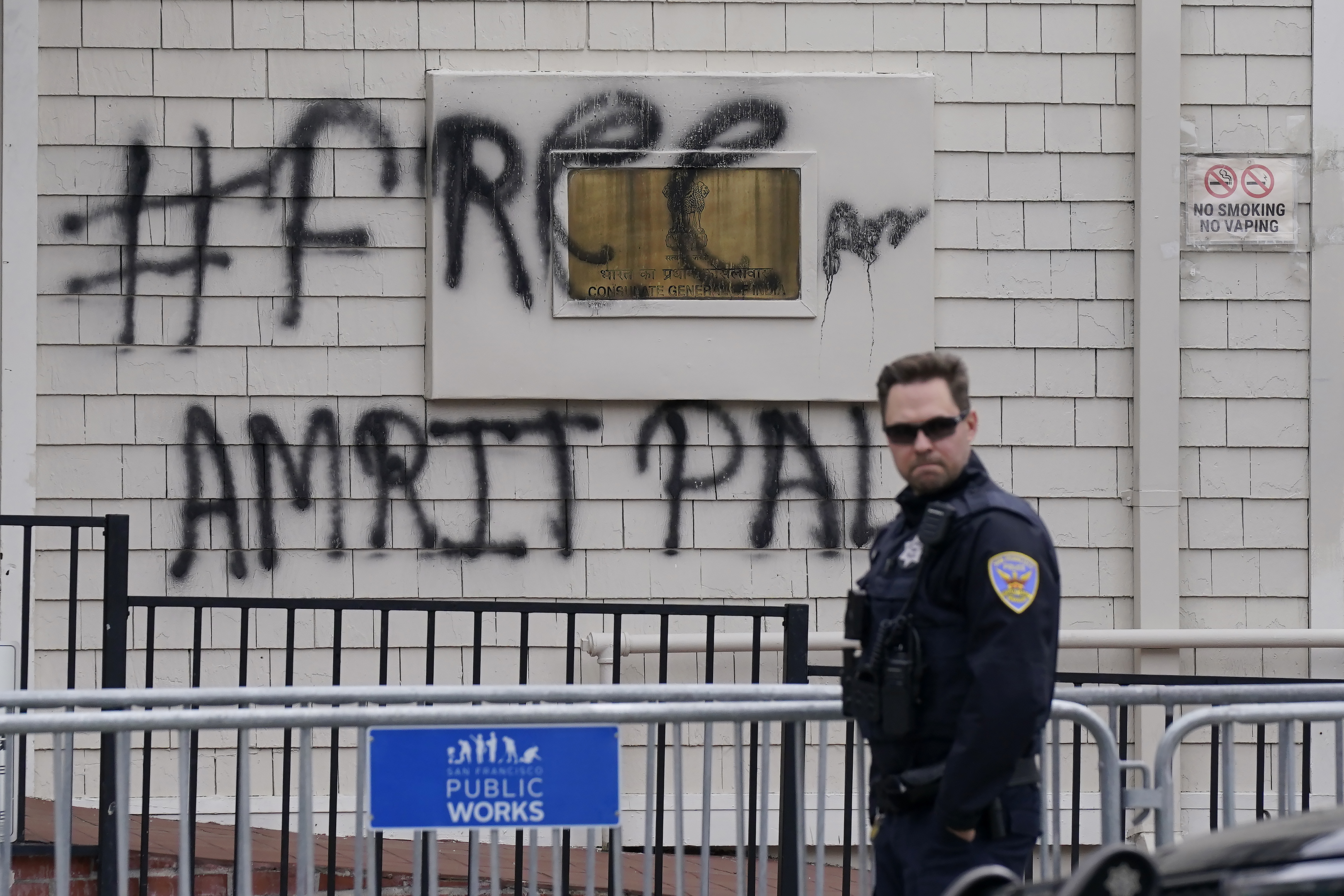 A police officer stands outside the Consulate General of India in San Francisco