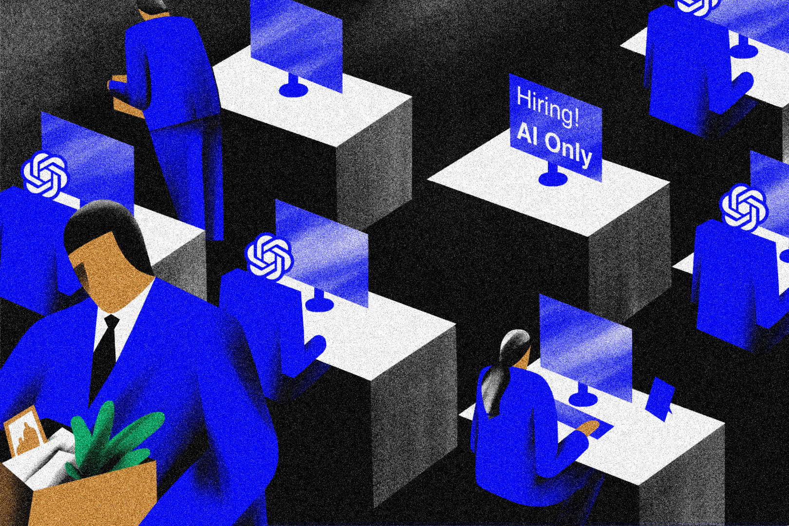 Illustration of people busying themselves at computer workstations with one desk left unattended with