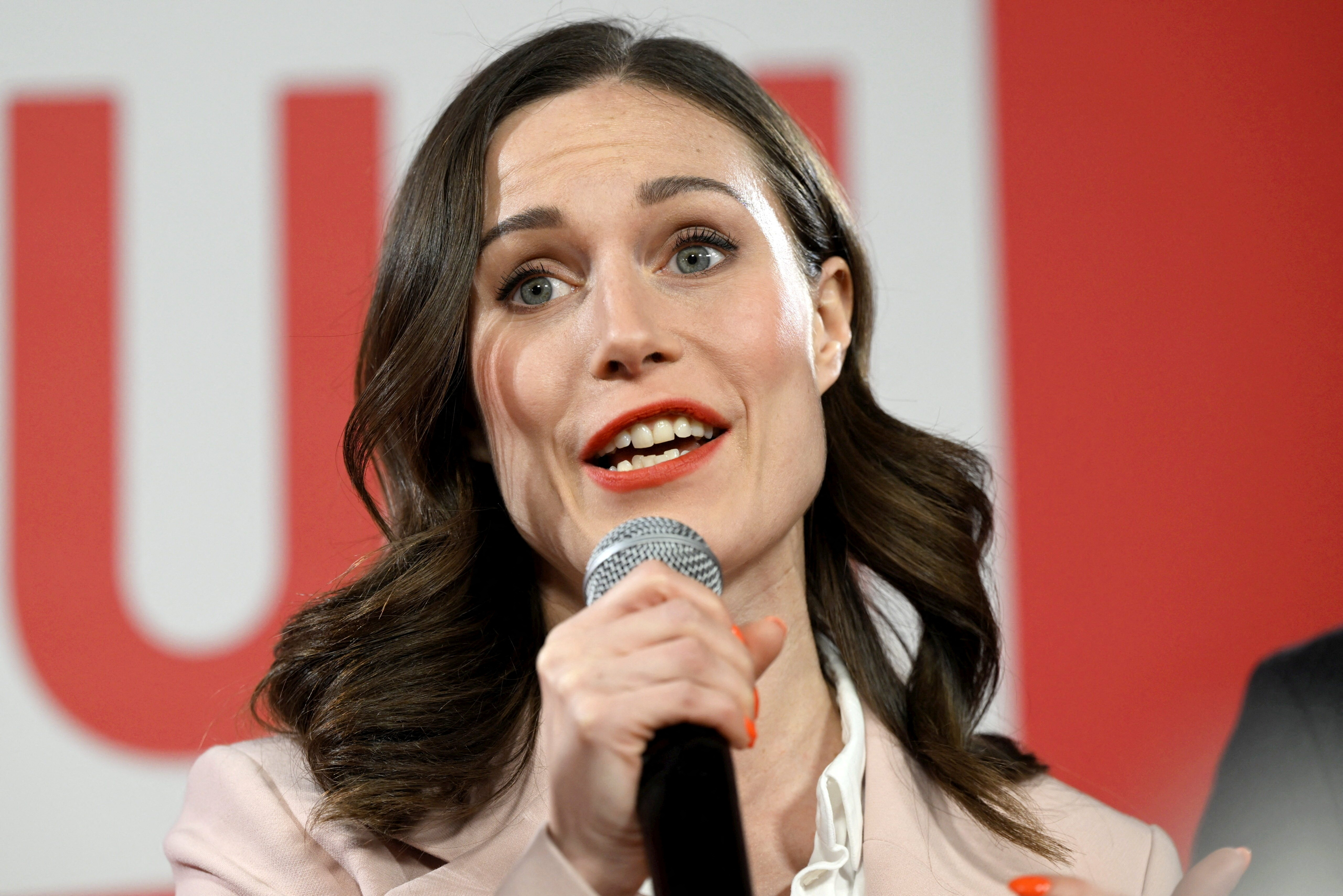 Finland’s prime minister and Social Democrats leader Sanna Marin speaks at the party’s parliamentary election event in Helsinki, Finland, on April 2, 2023