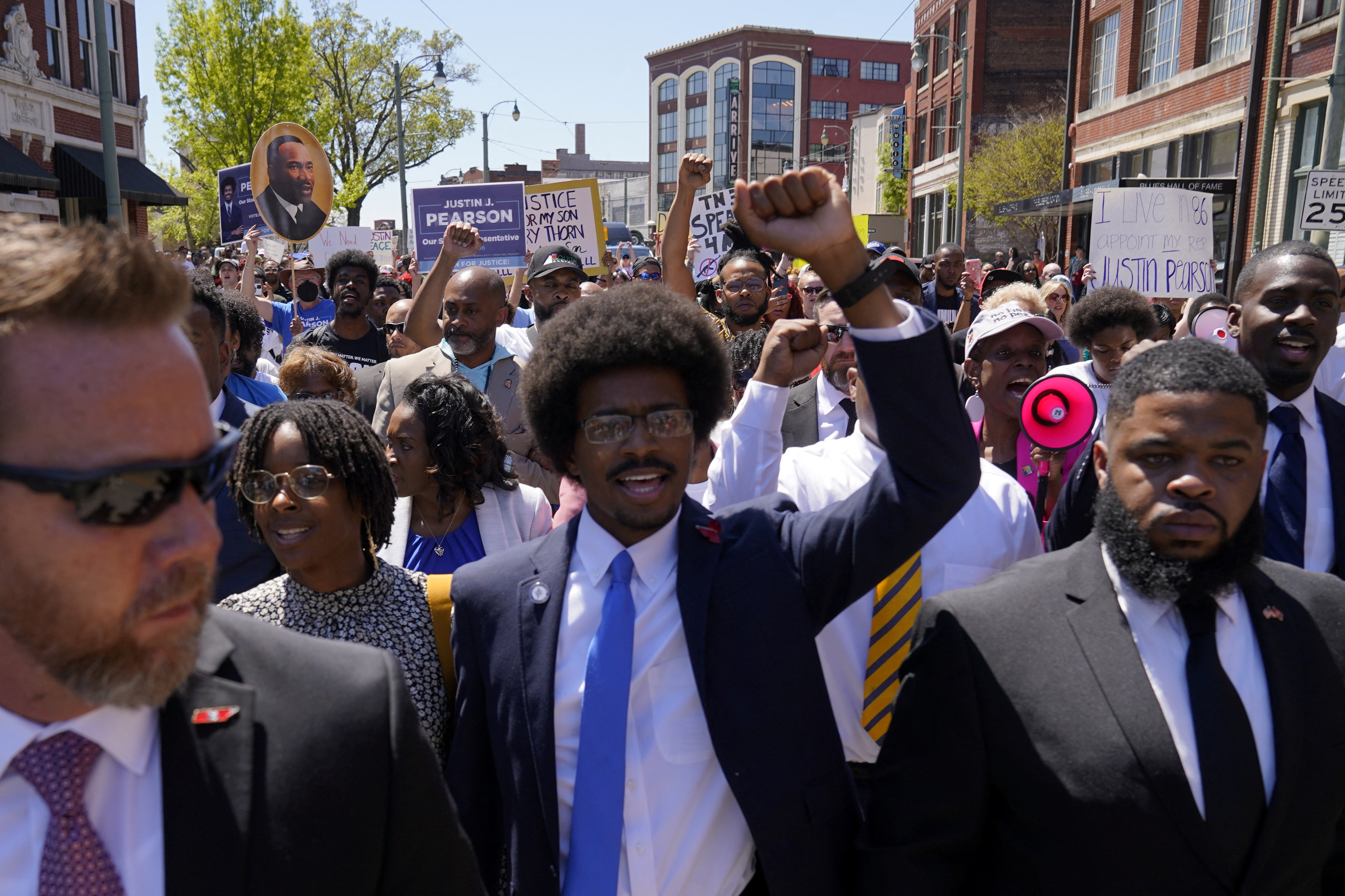 Justin Pearson marches with supporters in Memphis, Tennessee