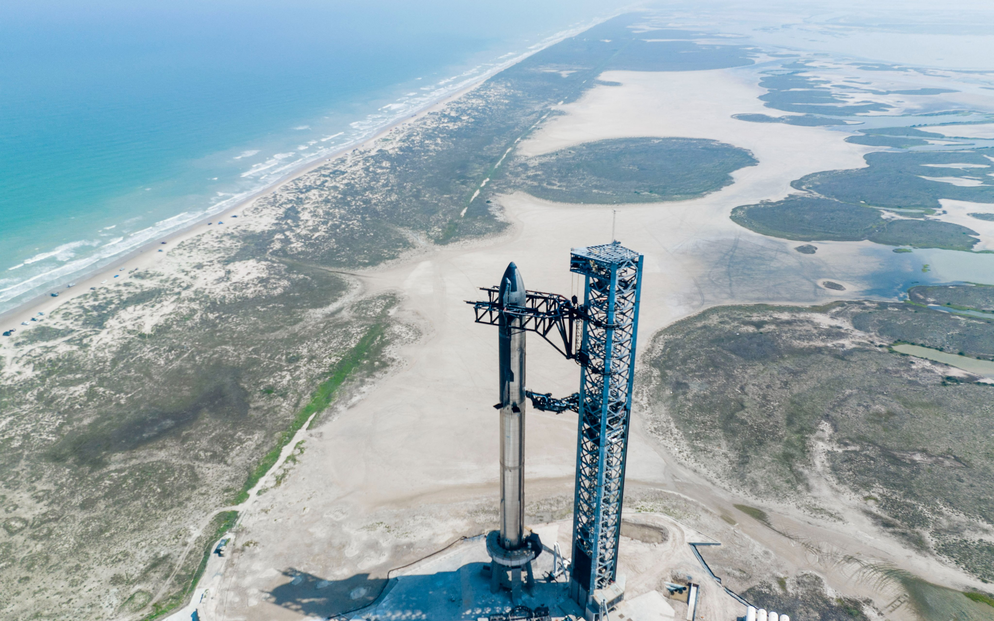 SpaceX Starship's full stack is seen on its launchpad near Brownsville, Texas, U.S. in an undated photograph. SpaceX