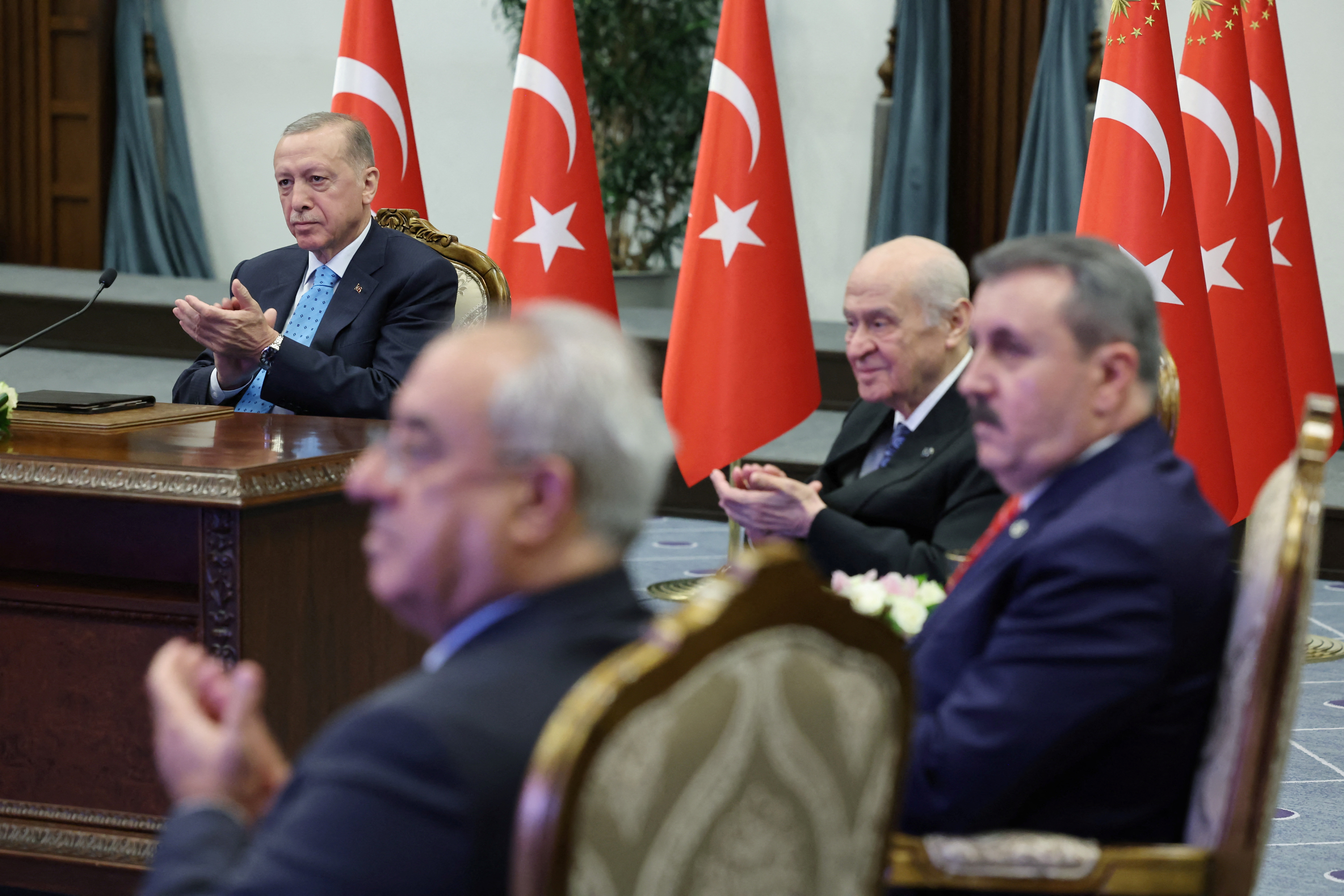 Turkish President Tayyip Erdogan attends a ceremony to mark the delivery of nuclear fuel to Turkey's Akkuyu nuclear power plant, which is being built by Russia, in Ankara, Turkey, April 27, 2023. Murat Cetinmuhurdar/PPO/Handout via REUTERS THIS IMAGE HAS BEEN SUPPLIED BY A THIRD PARTY. NO RESALES. NO ARCHIVES