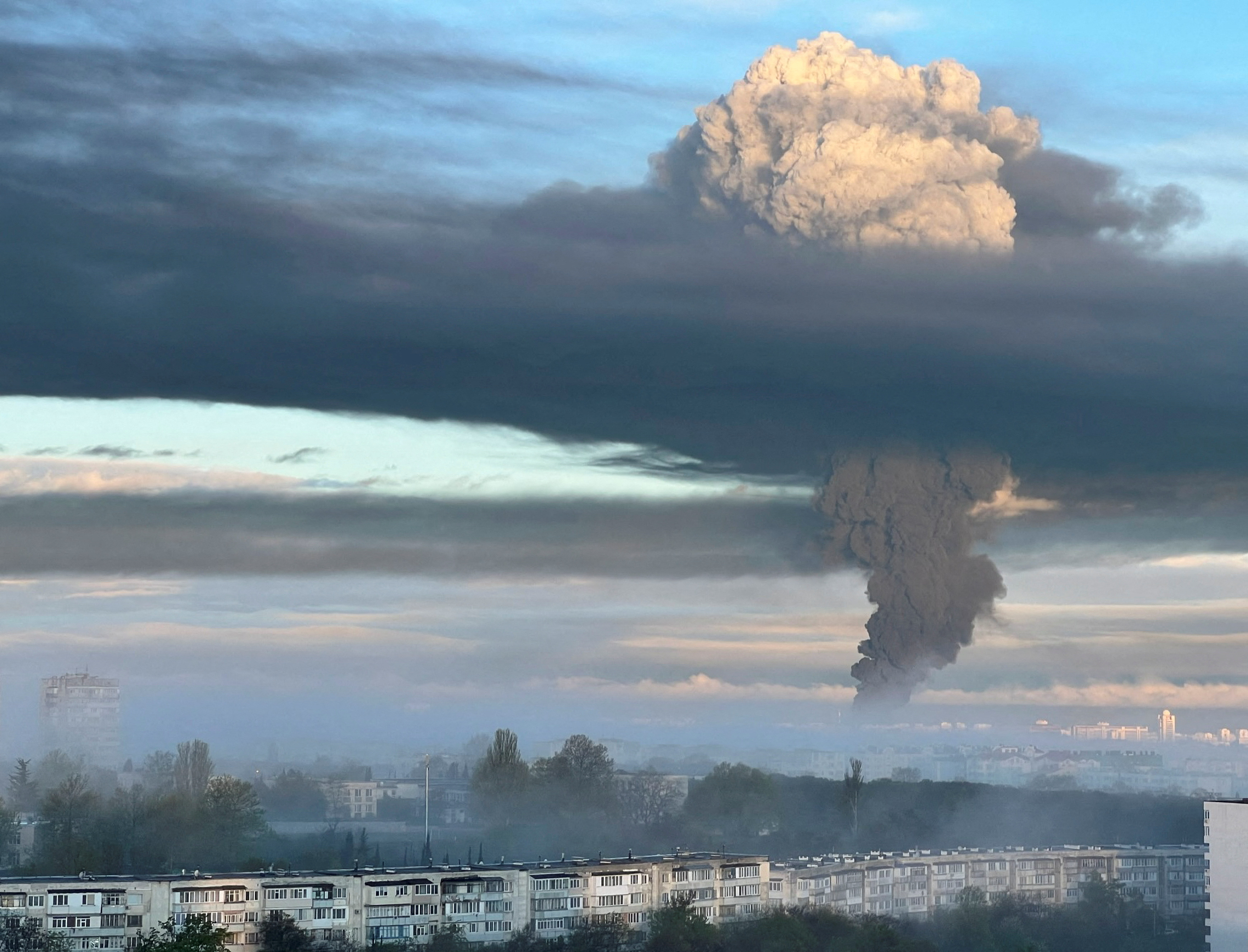 Smoke rising following an alleged drone attack in Sevastopol, Crimea, on April 29, 2023
