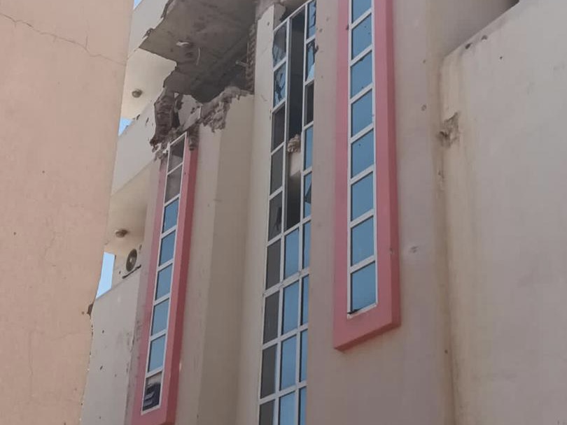 Shelling of Al-Moalem Medical City destroyed the top floors of the hospital